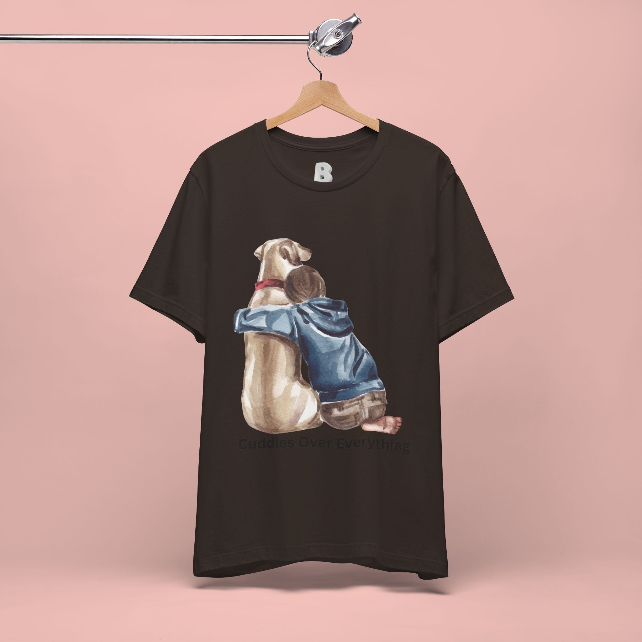 Cuddles Over Everything Tee — Boy Hugging Dog Animal Lover T-Shirt