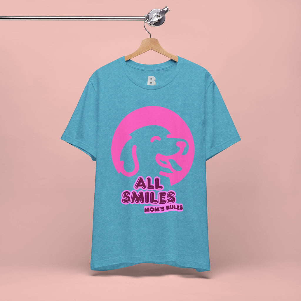 All Smiles Mom's Rules T-Shirt — Cute Pink Dog Graphic Tee for Moms & Pet Lovers