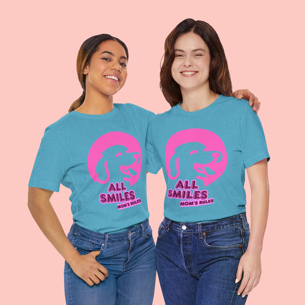 All Smiles Mom's Rules T-Shirt — Cute Pink Dog Graphic Tee for Moms & Pet Lovers
