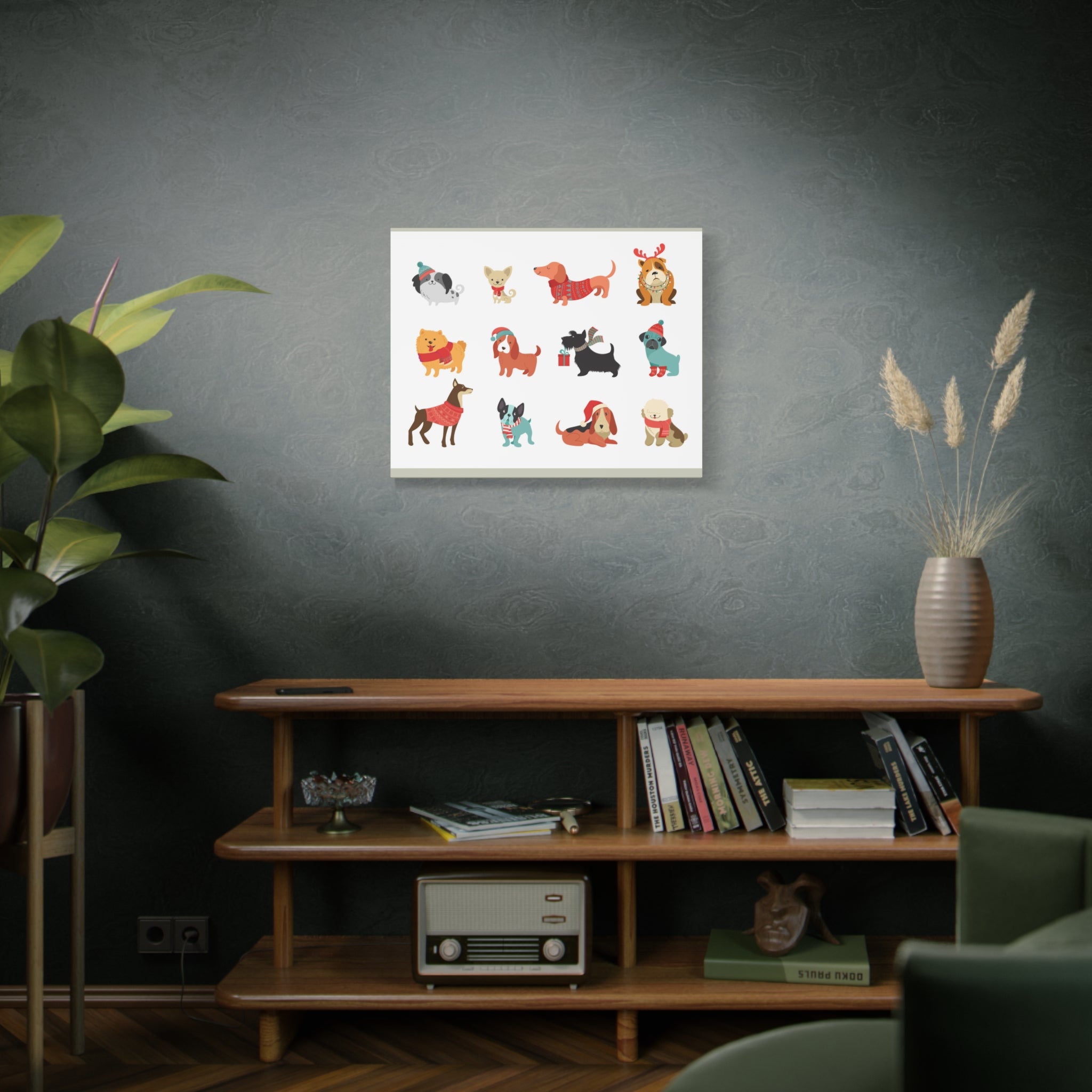 Holiday Dogs Canvas Wall Art — Cute Dachshund, Pug & Mixed Breeds in Winter Sweaters