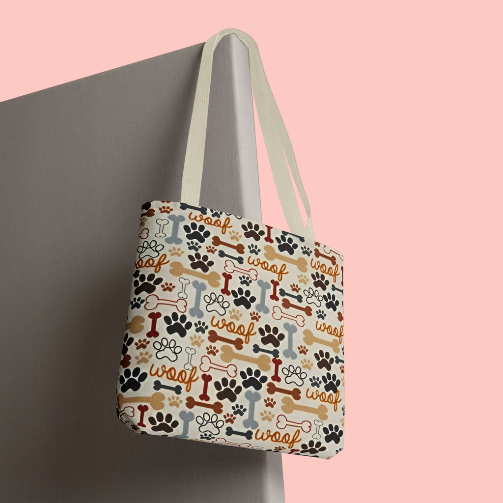 Dog Paw & Bone Pattern Tote Bag — 'Woof' All-Over Print Canvas Tote
