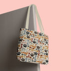 Dog Paw & Bone Pattern Tote Bag — 'Woof' All-Over Print Canvas Tote