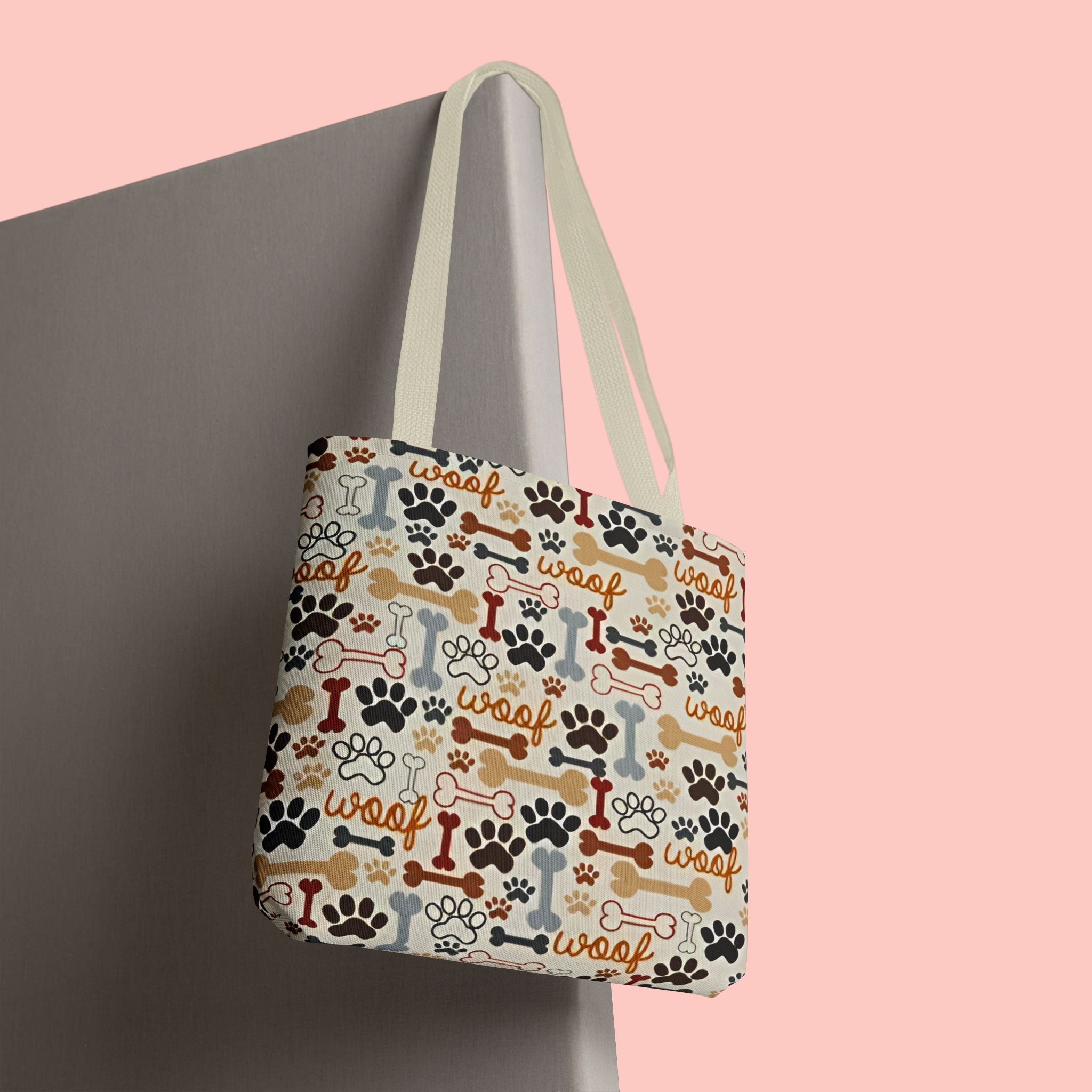 Dog Paw & Bone Pattern Tote Bag — 'Woof' All-Over Print Canvas Tote