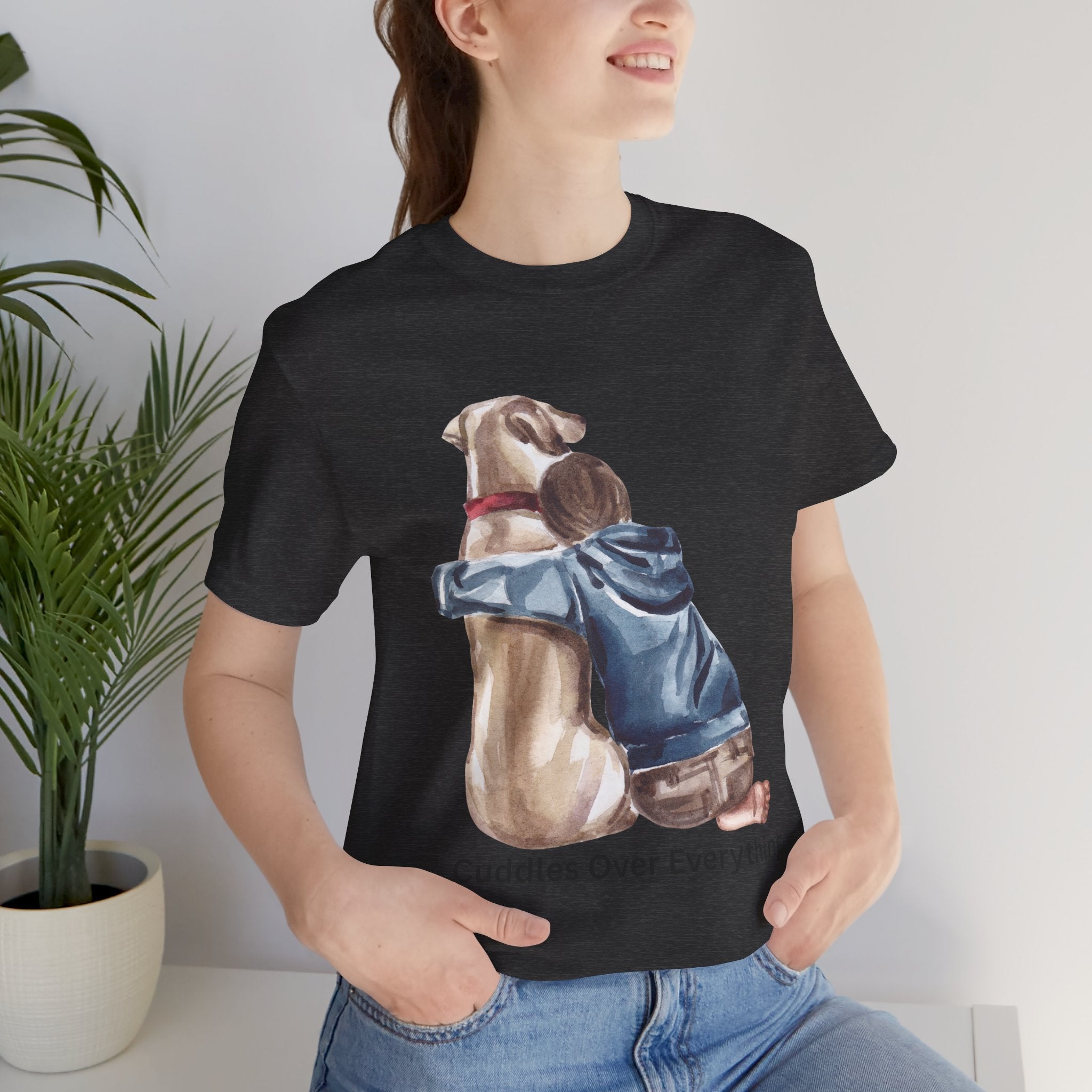 Cuddles Over Everything Tee — Boy Hugging Dog Animal Lover T-Shirt