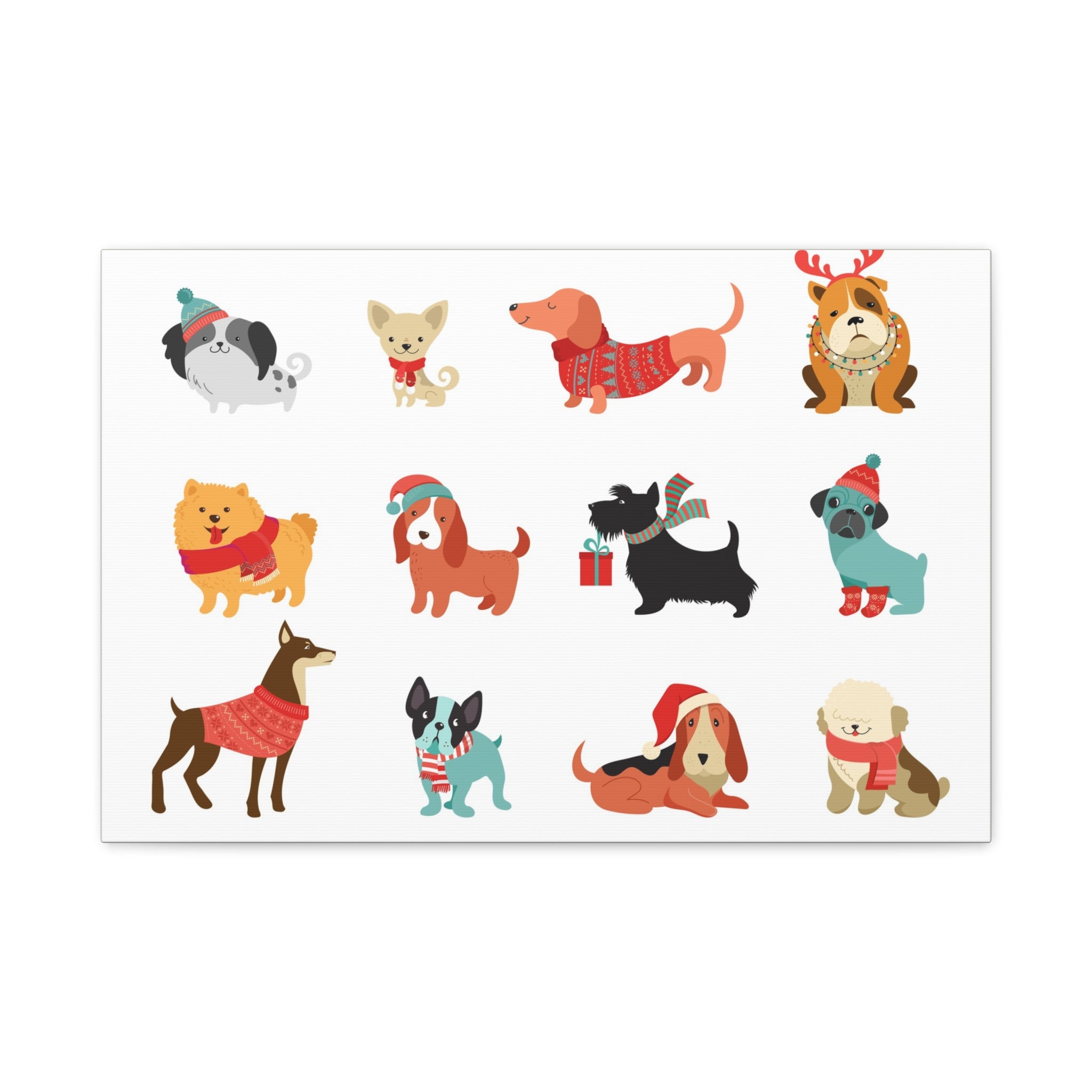 Holiday Dogs Canvas Wall Art — Cute Dachshund, Pug & Mixed Breeds in Winter Sweaters