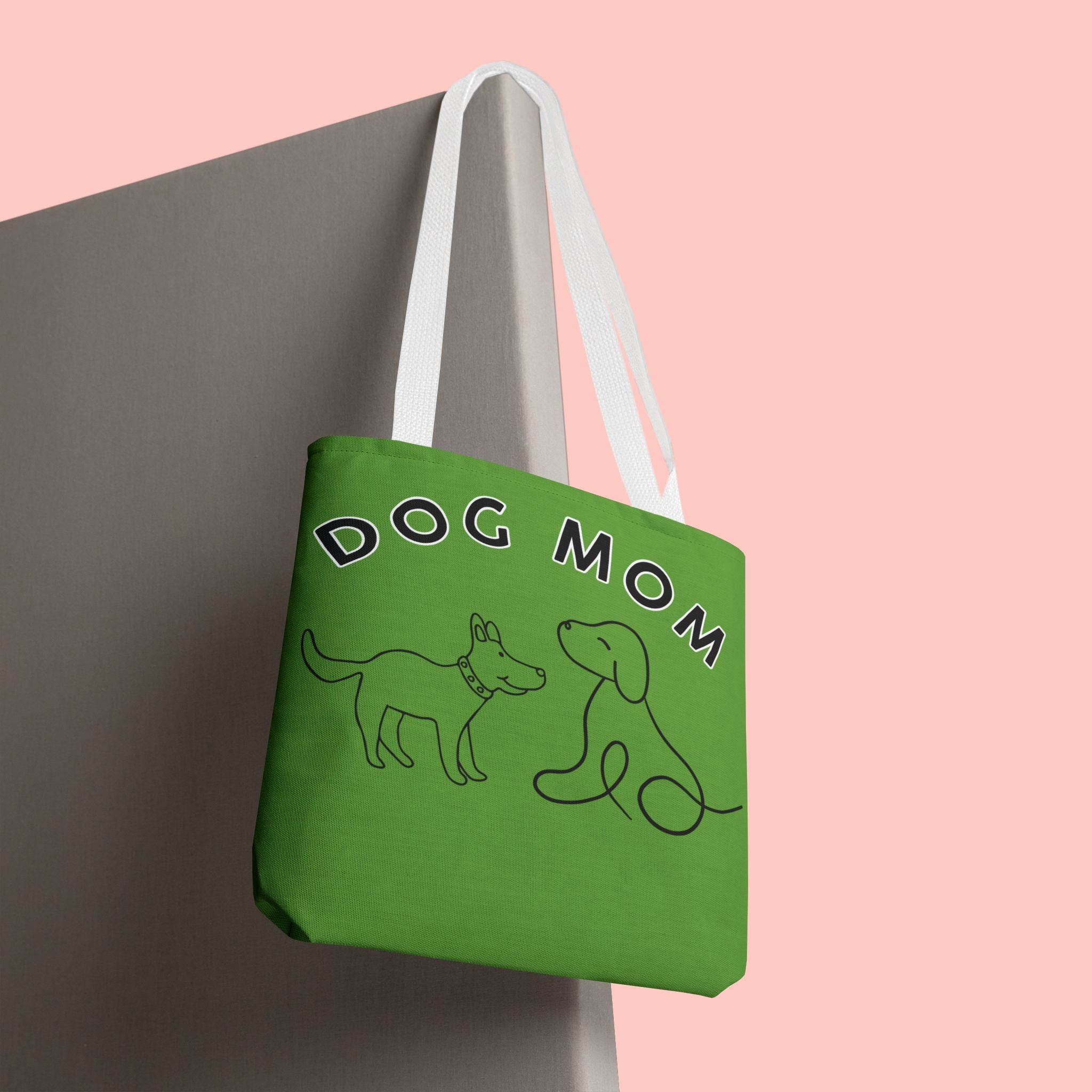 Dog Mom Tote Bag — Green All-Over-Print Cute Line-Drawing Dogs