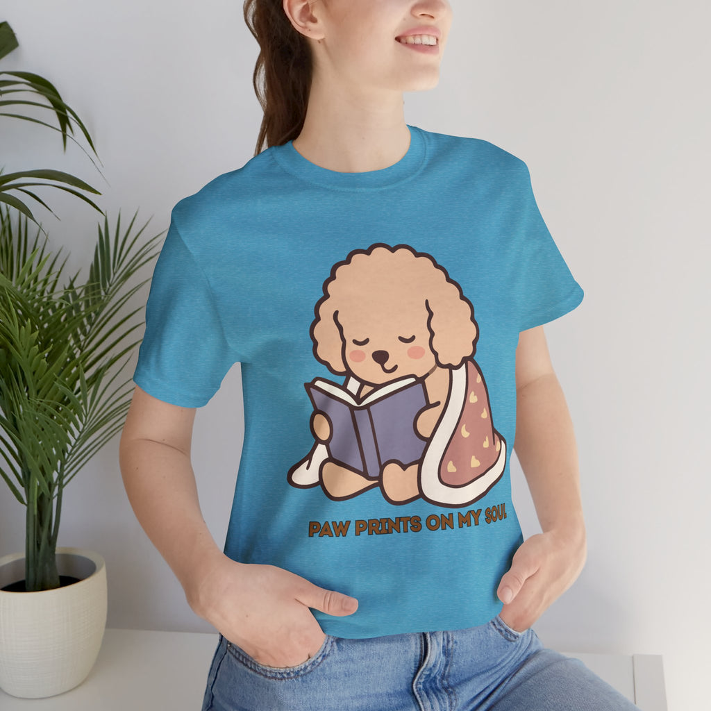 Paw Prints On My Soul T‑Shirt — Cute Reading Puppy Graphic Tee