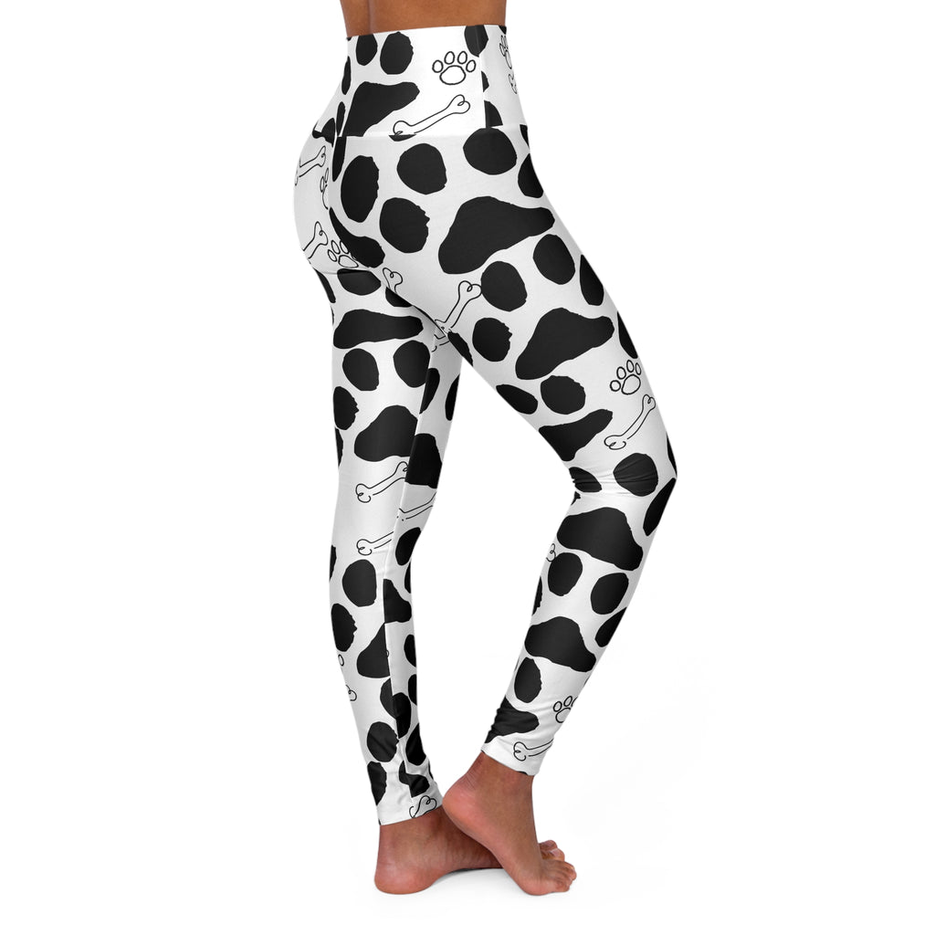 Dalmatian Spot High-Waisted Yoga Leggings — Black & White Paw Print with Bones