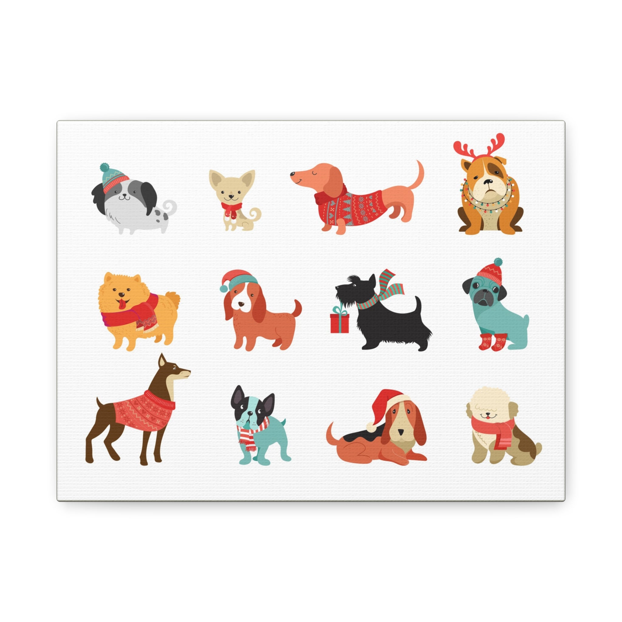 Holiday Dogs Canvas Wall Art — Cute Dachshund, Pug & Mixed Breeds in Winter Sweaters
