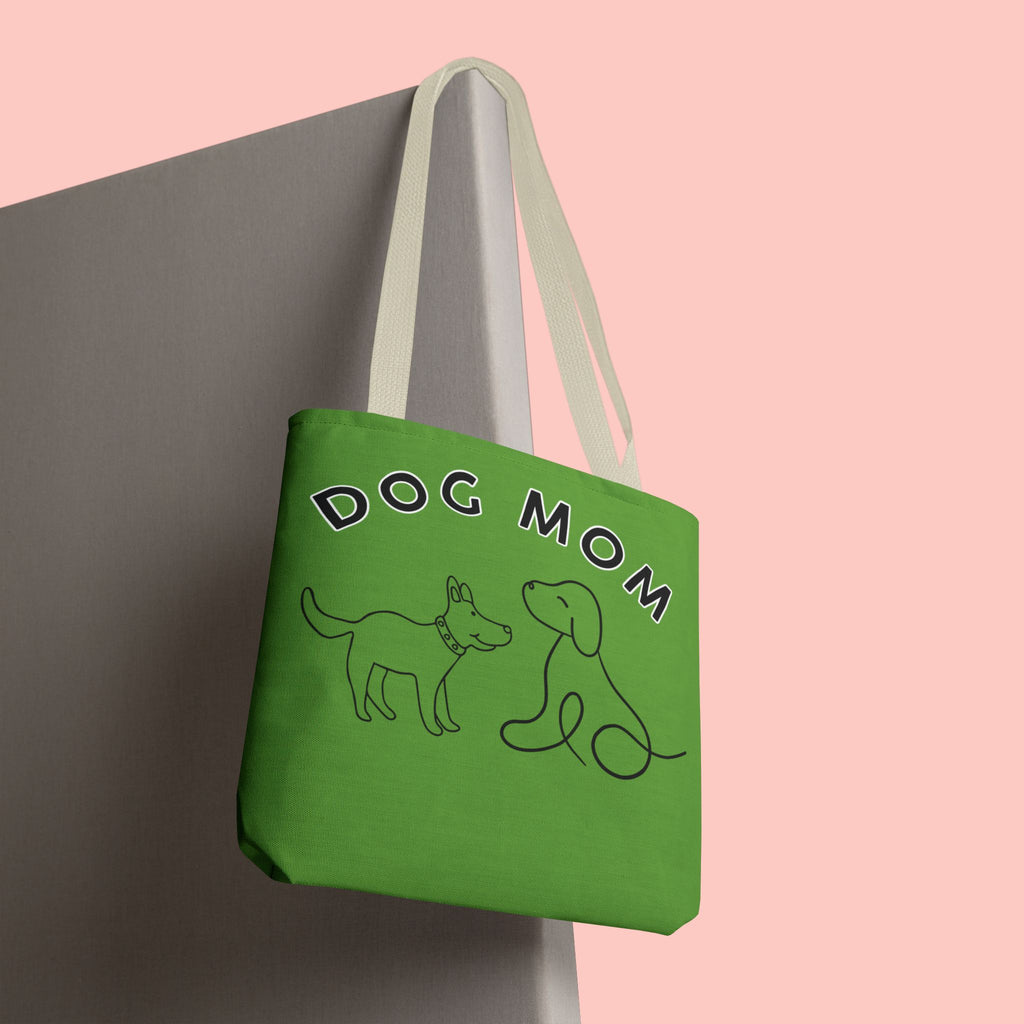 Dog Mom Tote Bag — Green All-Over-Print Cute Line-Drawing Dogs