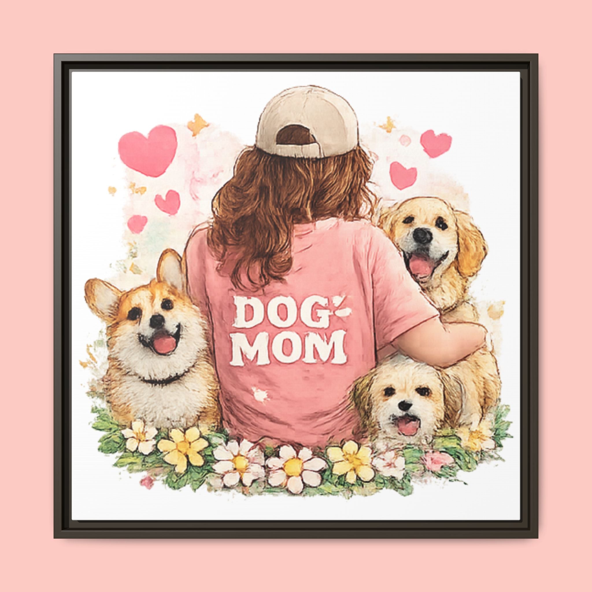 Dog Mom Canvas Print — Framed Matte Wall Art with Cute Dogs & Hearts