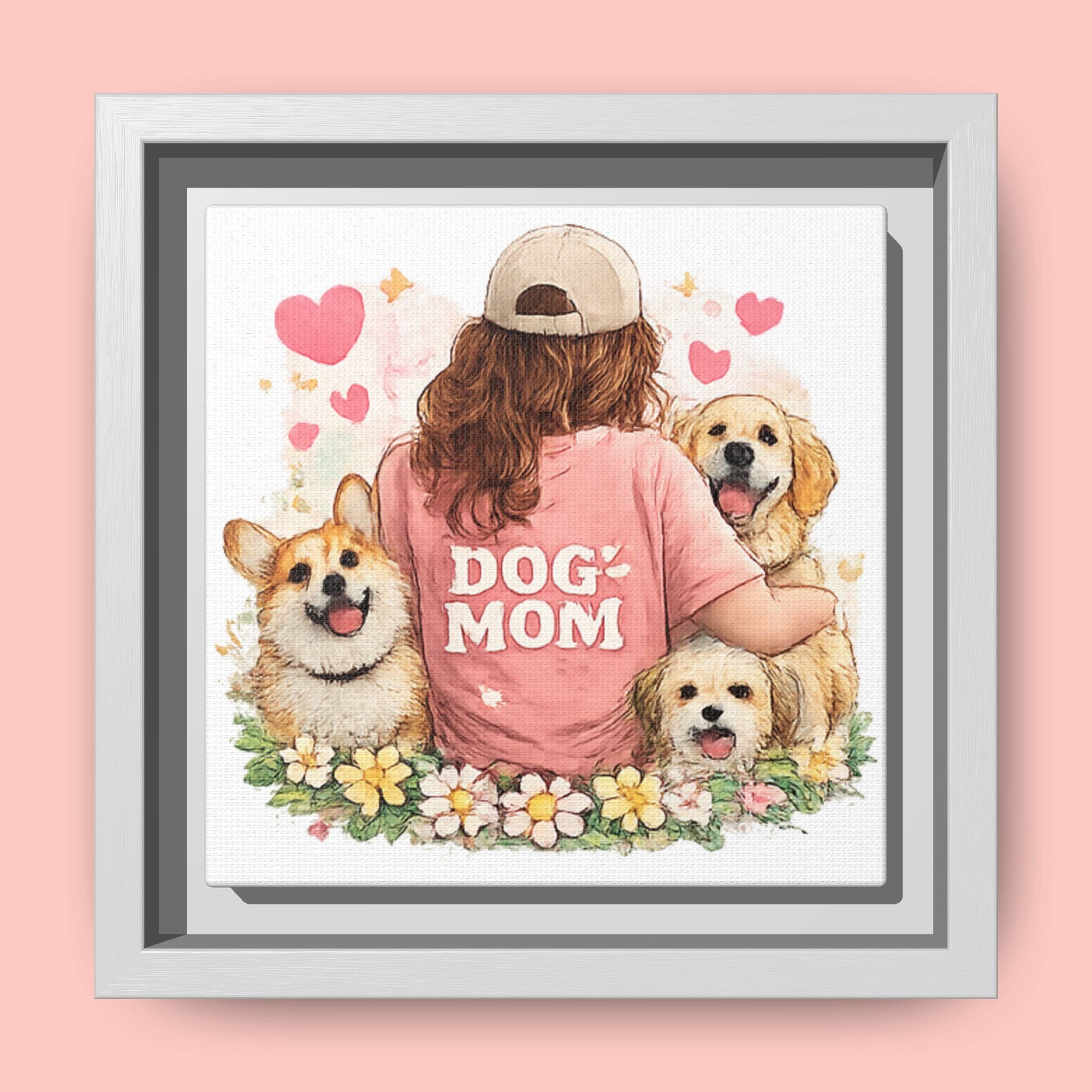 Dog Mom Canvas Print — Framed Matte Wall Art with Cute Dogs & Hearts