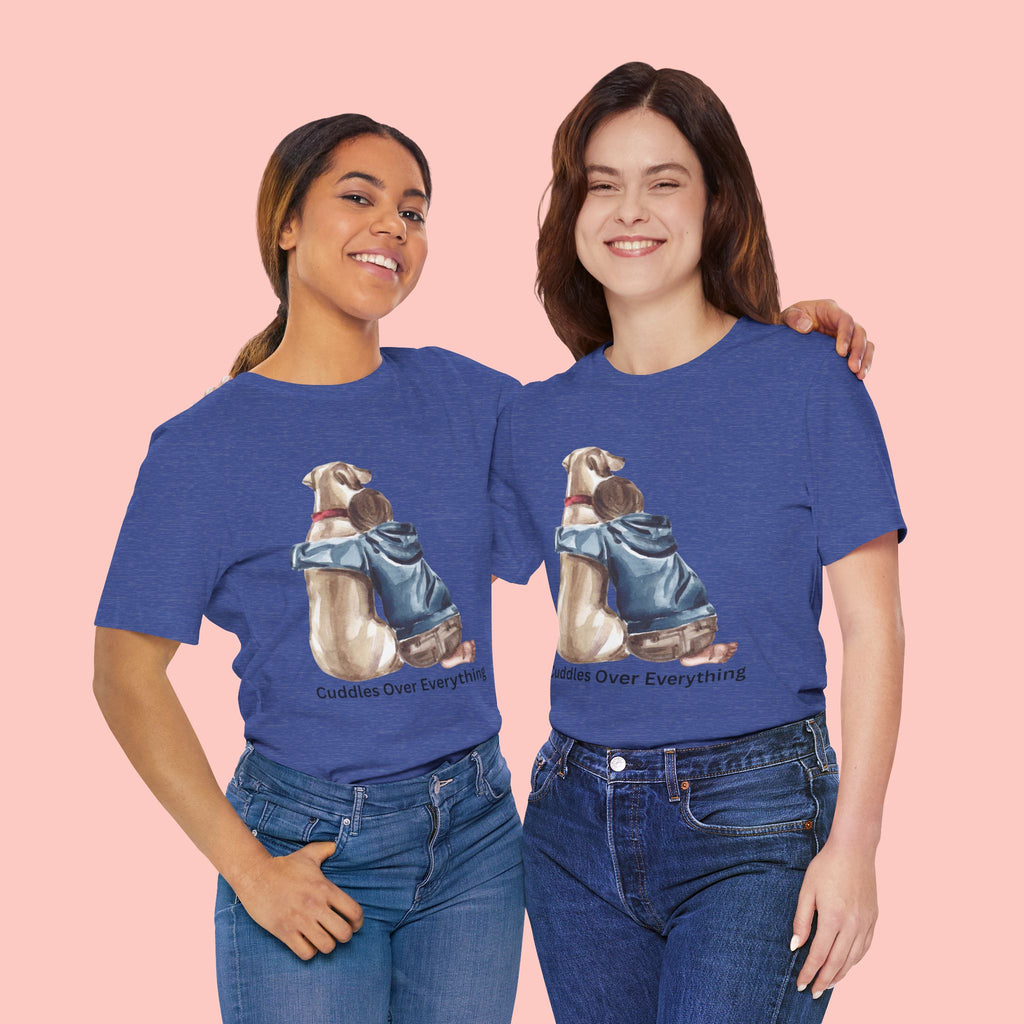 Cuddles Over Everything Tee — Boy Hugging Dog Animal Lover T-Shirt