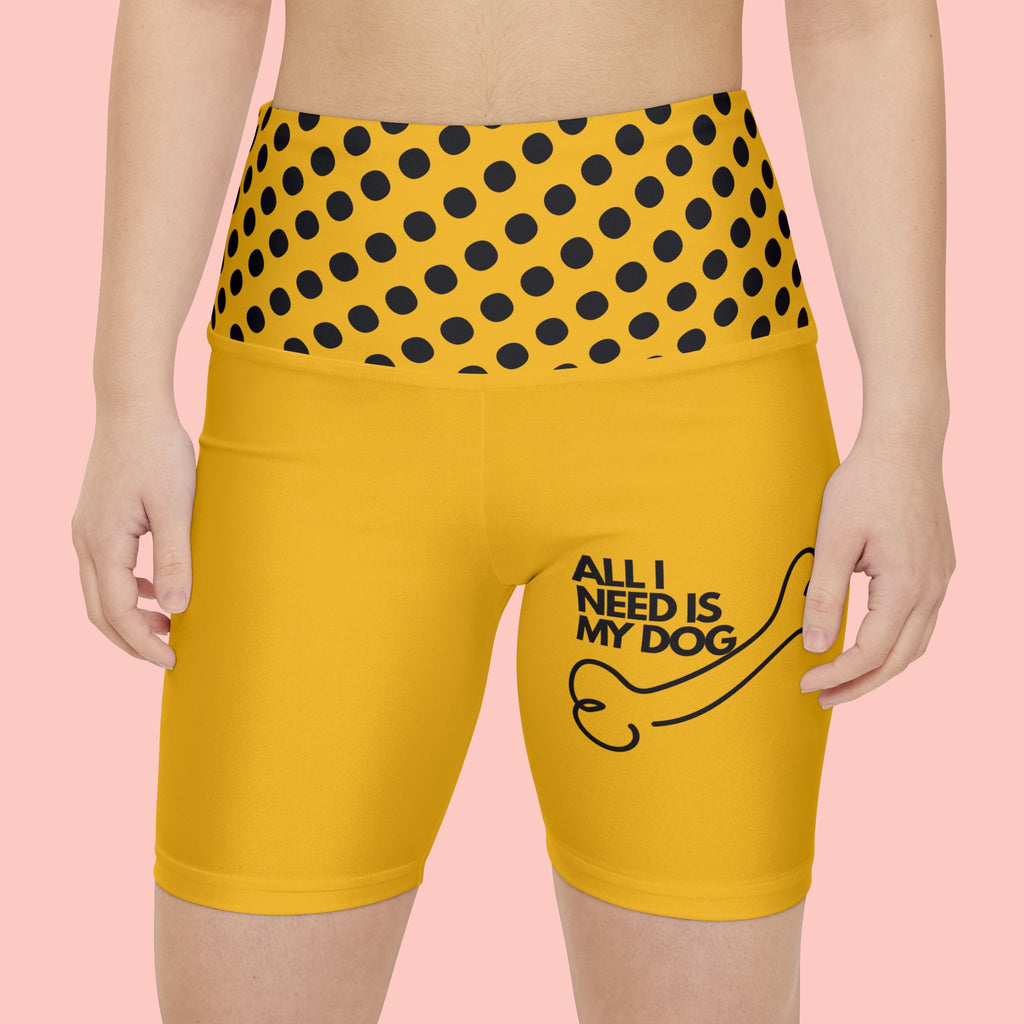 Women's Yellow Dog-Lover Workout Shorts — "All I Need Is My Dog" Fitness Biker Shorts