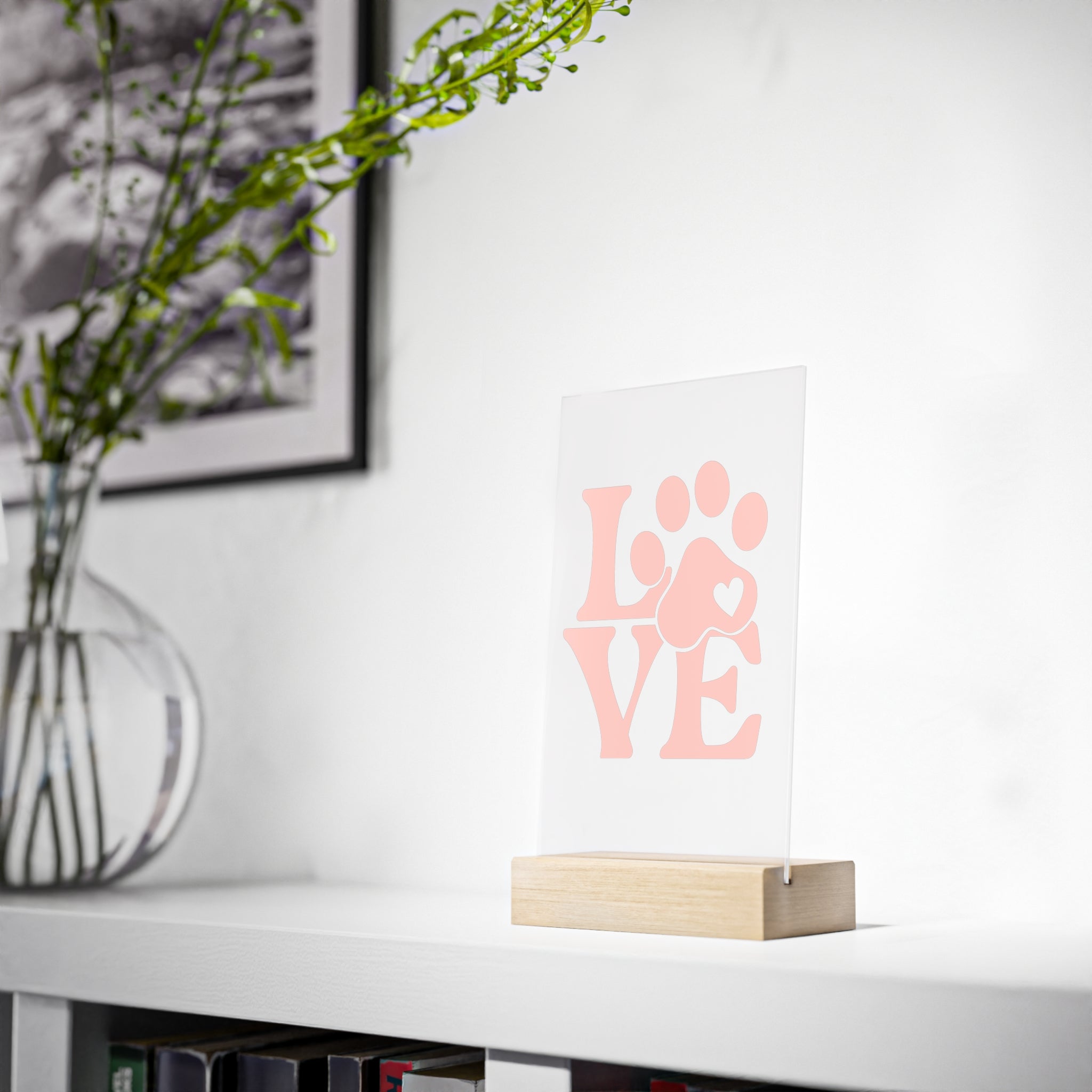 Acrylic Sign — Pink Paw LOVE Desk Decor with Wooden Stand