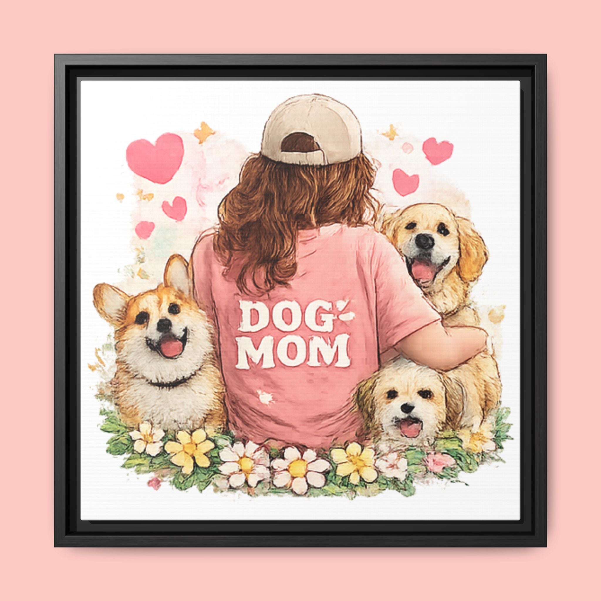 Dog Mom Canvas Print — Framed Matte Wall Art with Cute Dogs & Hearts