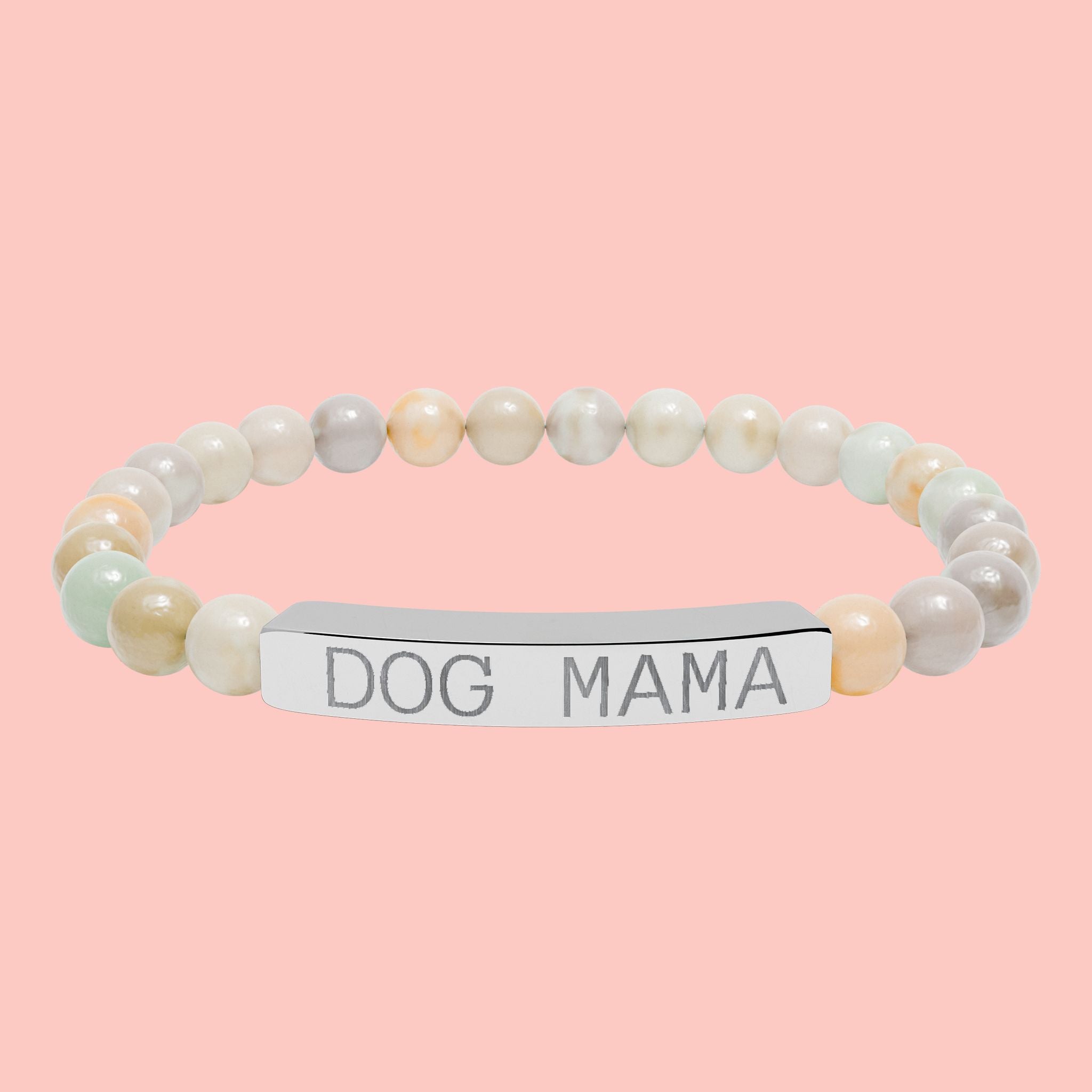 Dog Mama Natural Stone Stretch Bracelet — Engraved Bar Beaded Bracelet