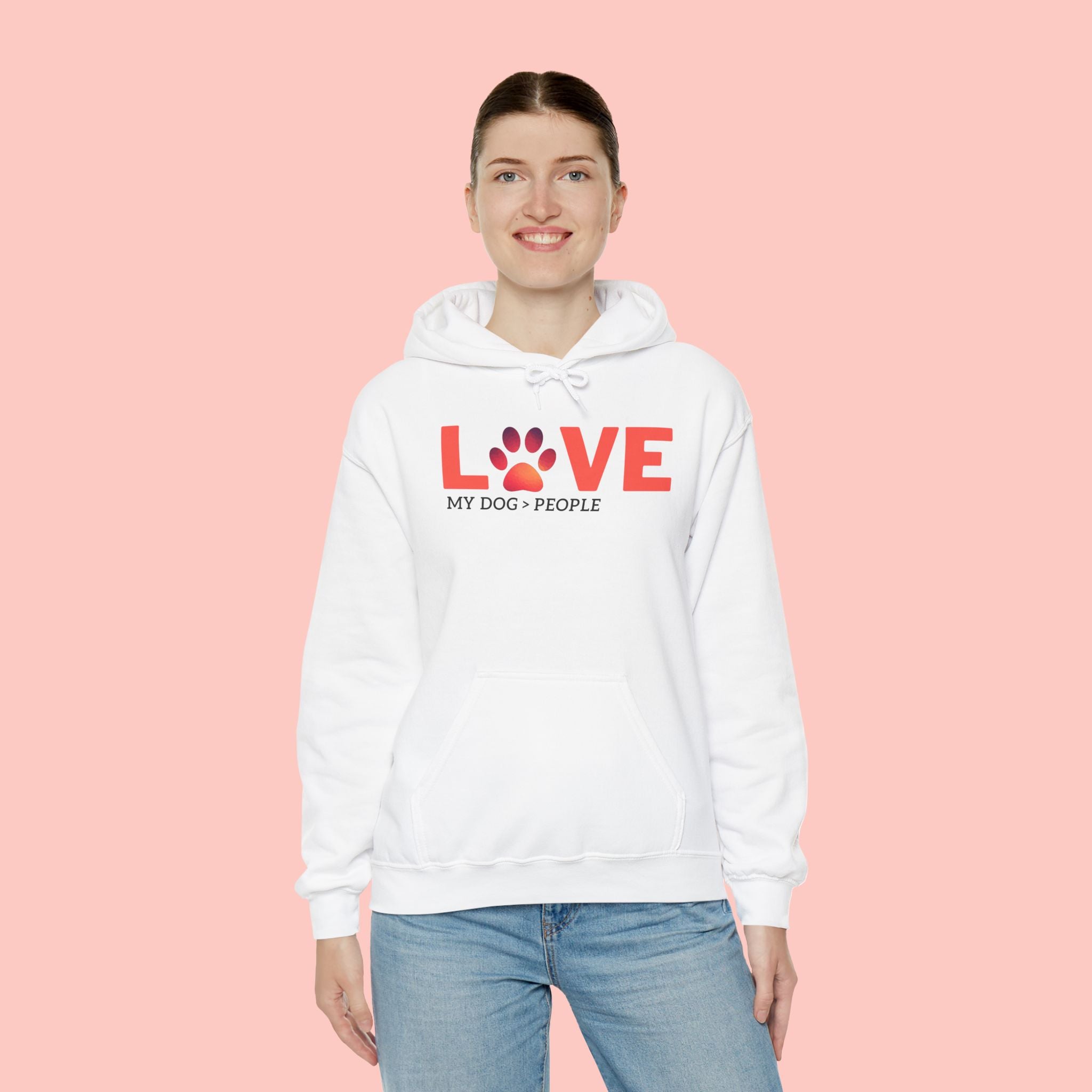 Dog Lover Hoodie — "LOVE (paw) My Dog > People" Graphic Sweatshirt