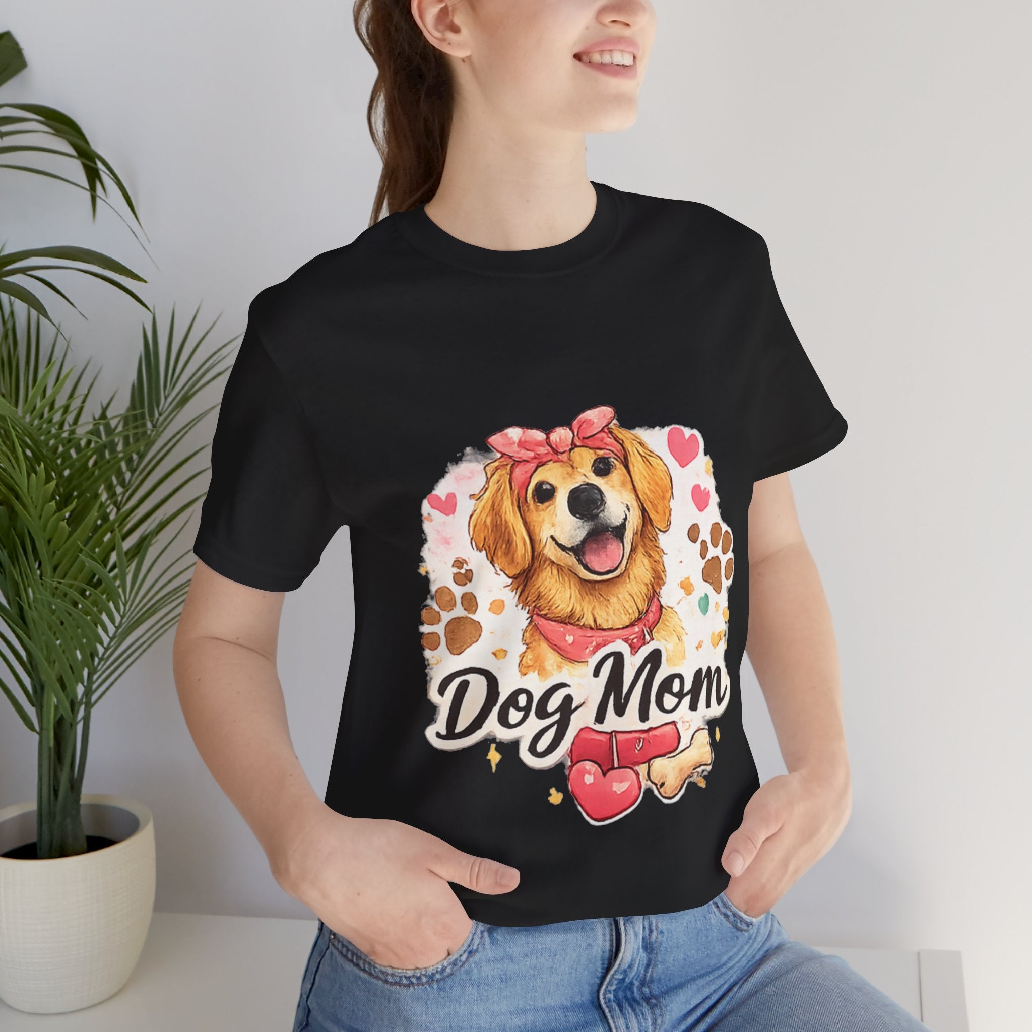 Dog Mom T-Shirt – Cute Golden Retriever Design with Hearts & Paw Prints