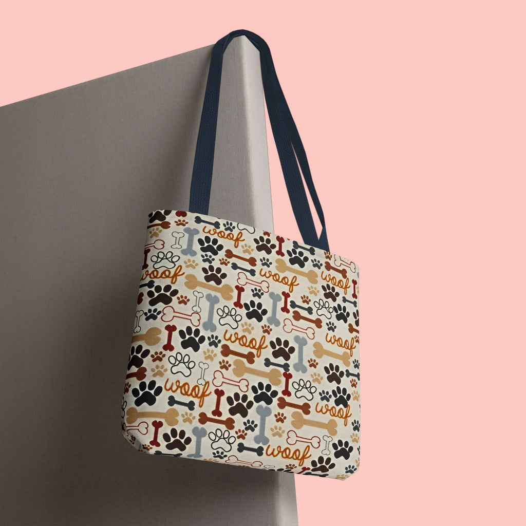 Dog Paw & Bone Pattern Tote Bag — 'Woof' All-Over Print Canvas Tote