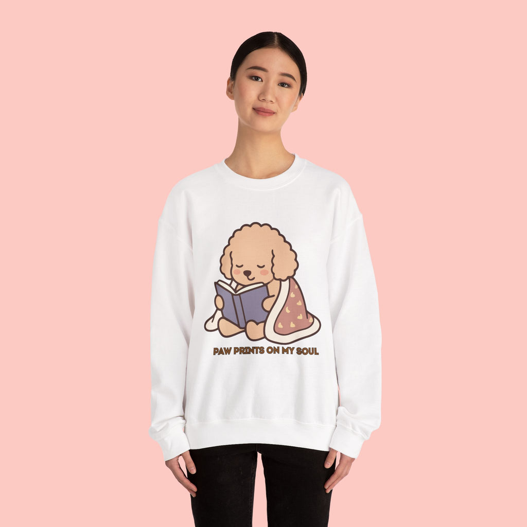 Cozy Reading Puppy Sweatshirt — "Paw Prints On My Soul" Crewneck