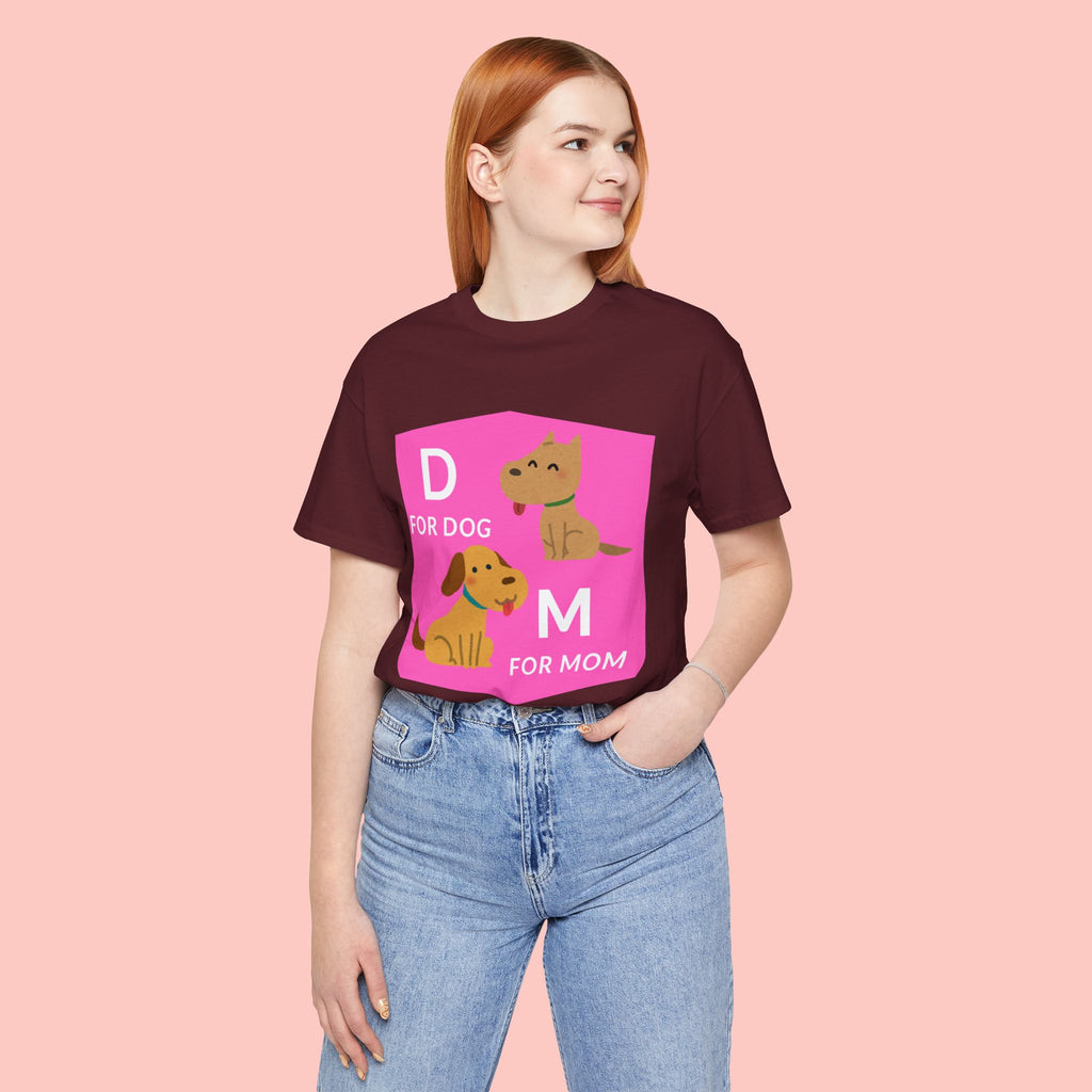Dog Mom T-Shirt — Cute Pink "D for Dog, M for Mom" Graphic Tee