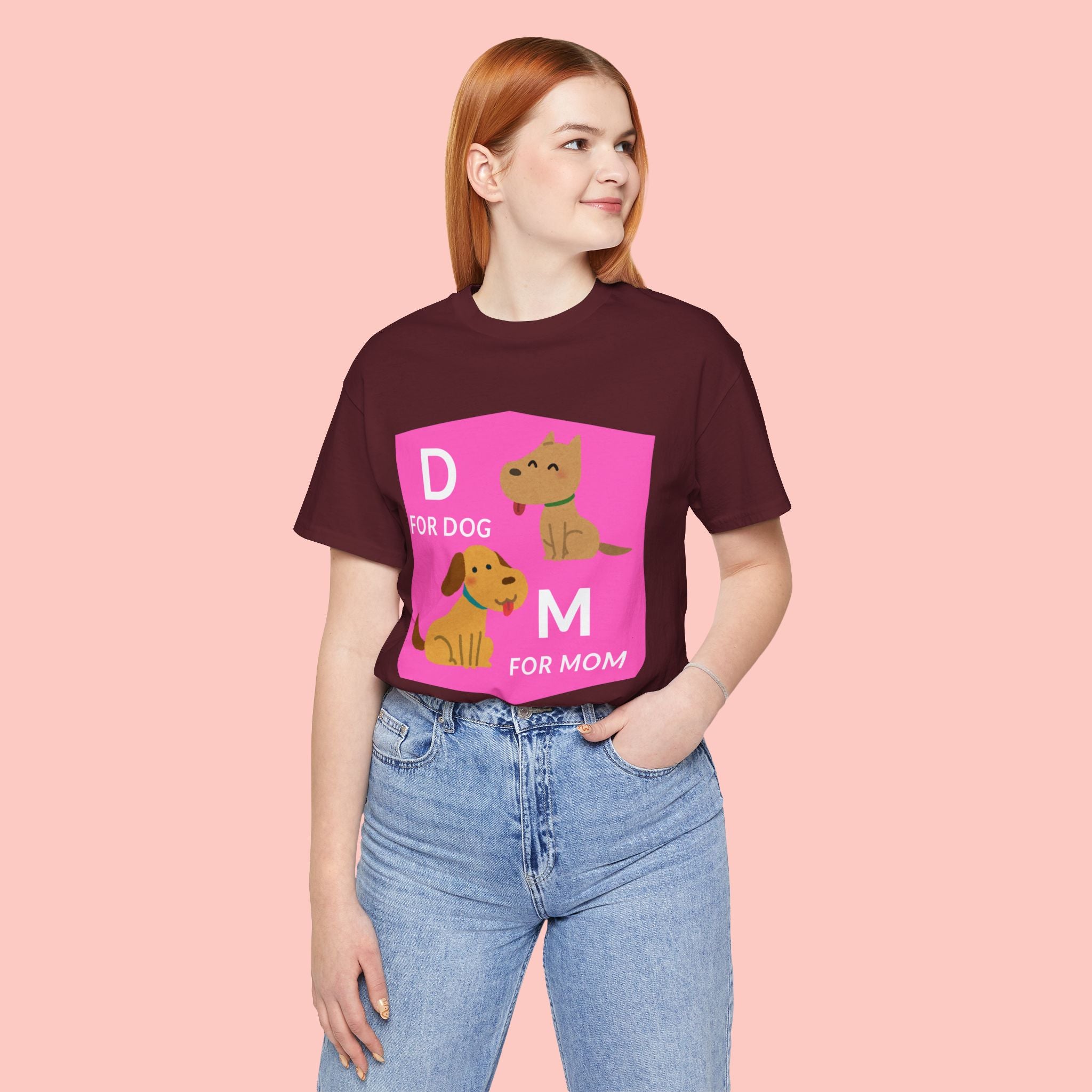 Dog Mom T-Shirt — Cute Pink "D for Dog, M for Mom" Graphic Tee