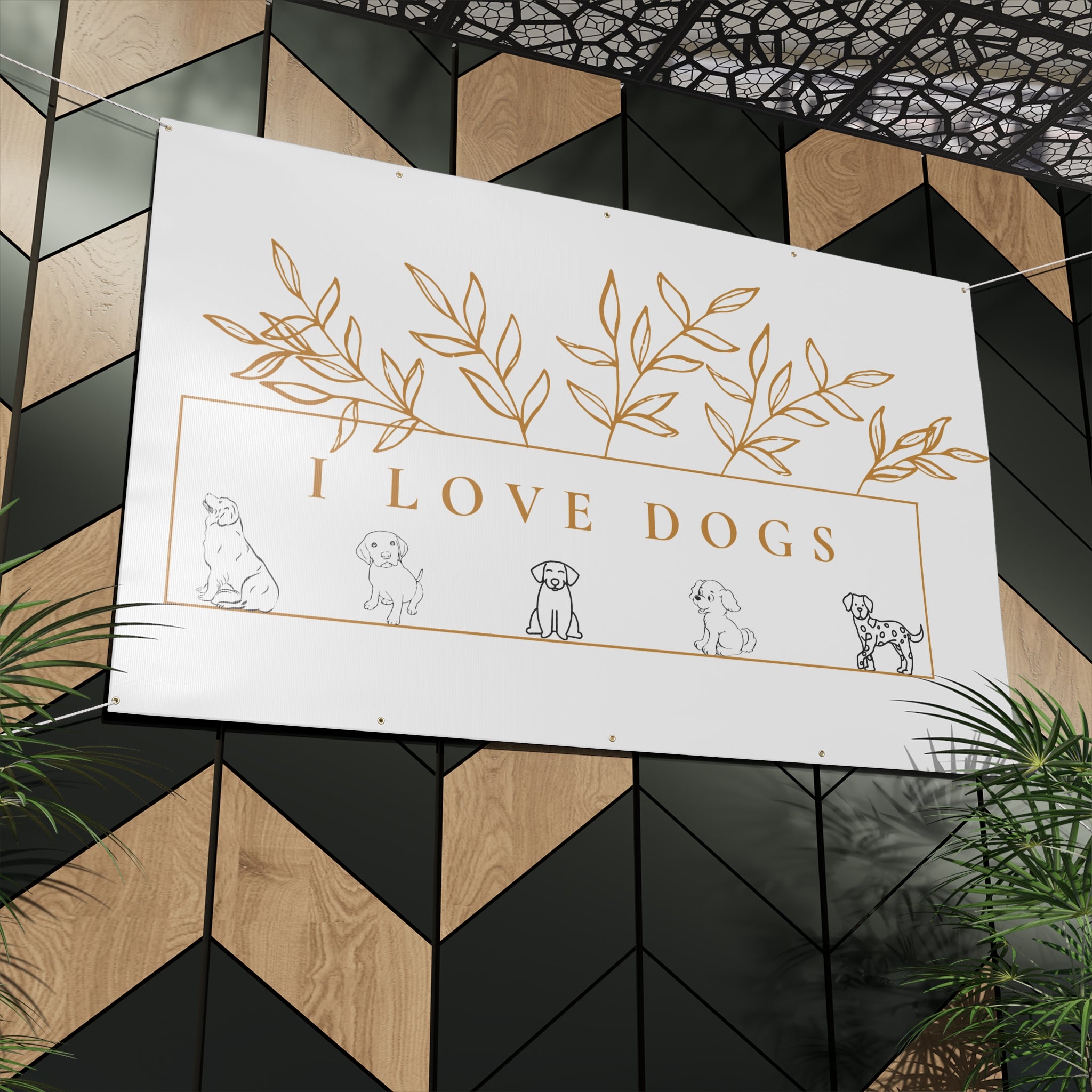Matte Banner — I Love Dogs Decorative Outdoor/Indoor Sign with Gold Leaf Illustration