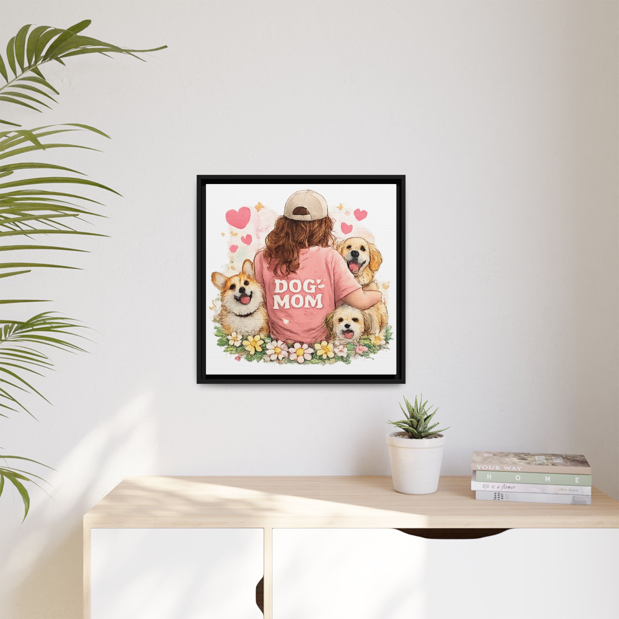 Dog Mom Canvas Print — Framed Matte Wall Art with Cute Dogs & Hearts