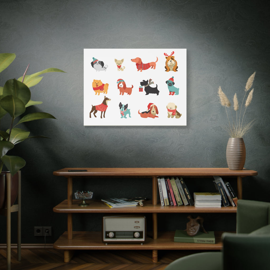 Holiday Dogs Canvas Wall Art — Cute Dachshund, Pug & Mixed Breeds in Winter Sweaters