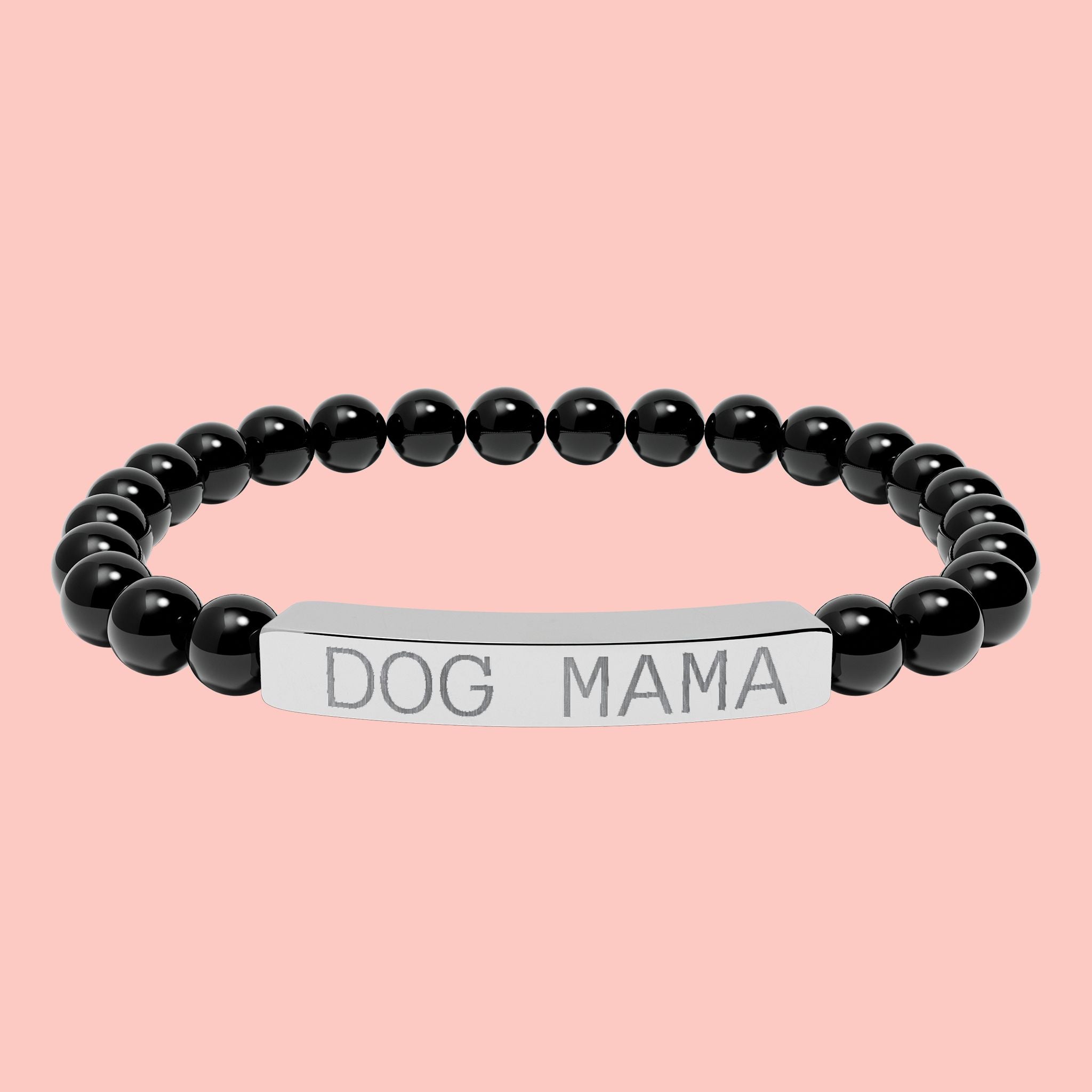 Dog Mama Natural Stone Stretch Bracelet — Engraved Bar Beaded Bracelet
