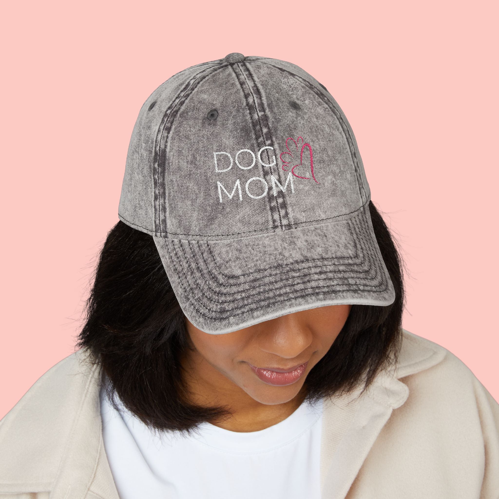 Vintage Embroidered 'DOG MOM' Cap — Washed Red Baseball Hat for Dog Lovers