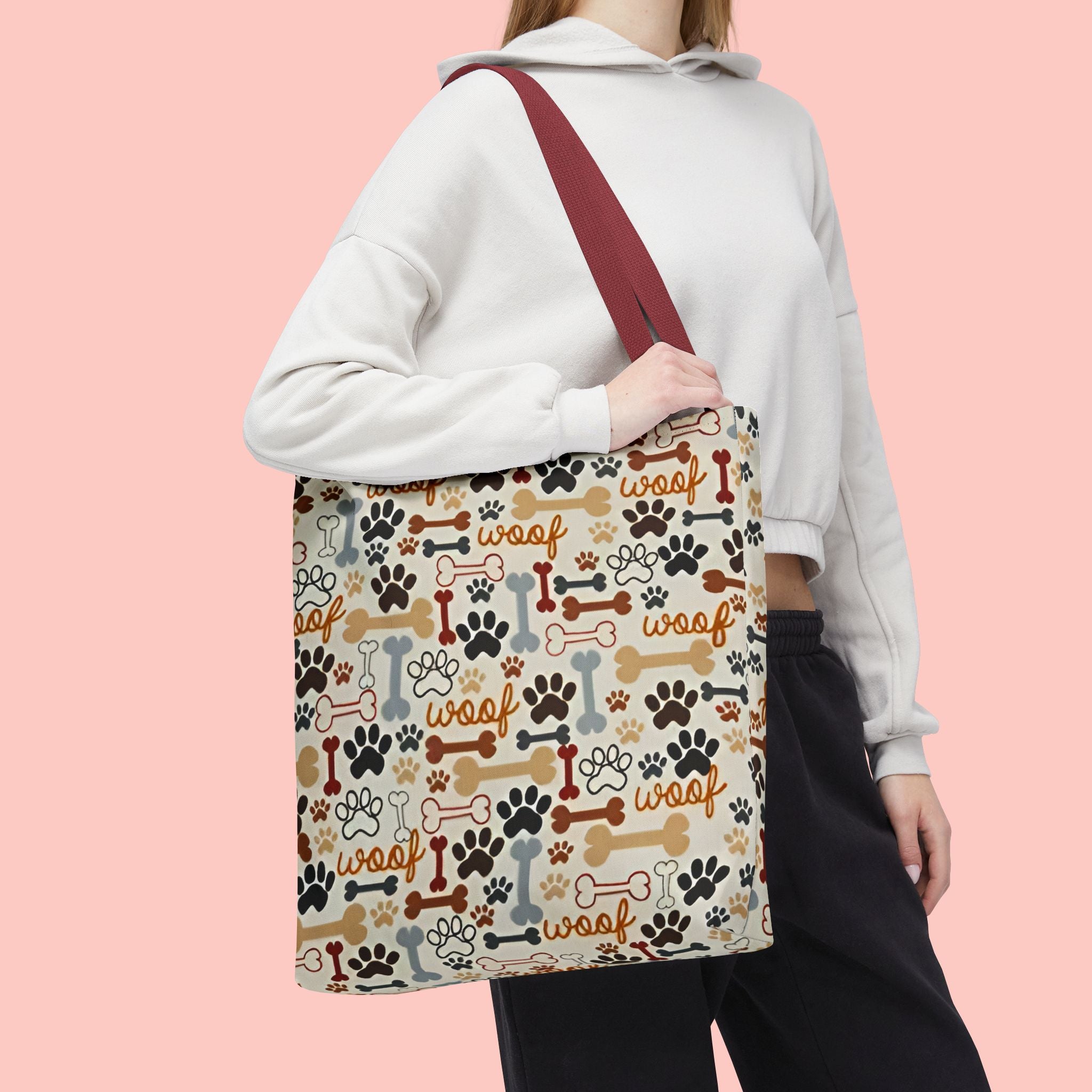 Dog Paw & Bone Pattern Tote Bag — 'Woof' All-Over Print Canvas Tote