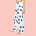 Paw Print Women's Pajama Pants — Cozy White Lounge Pants with Blue Dog/Cat Paw Pattern
