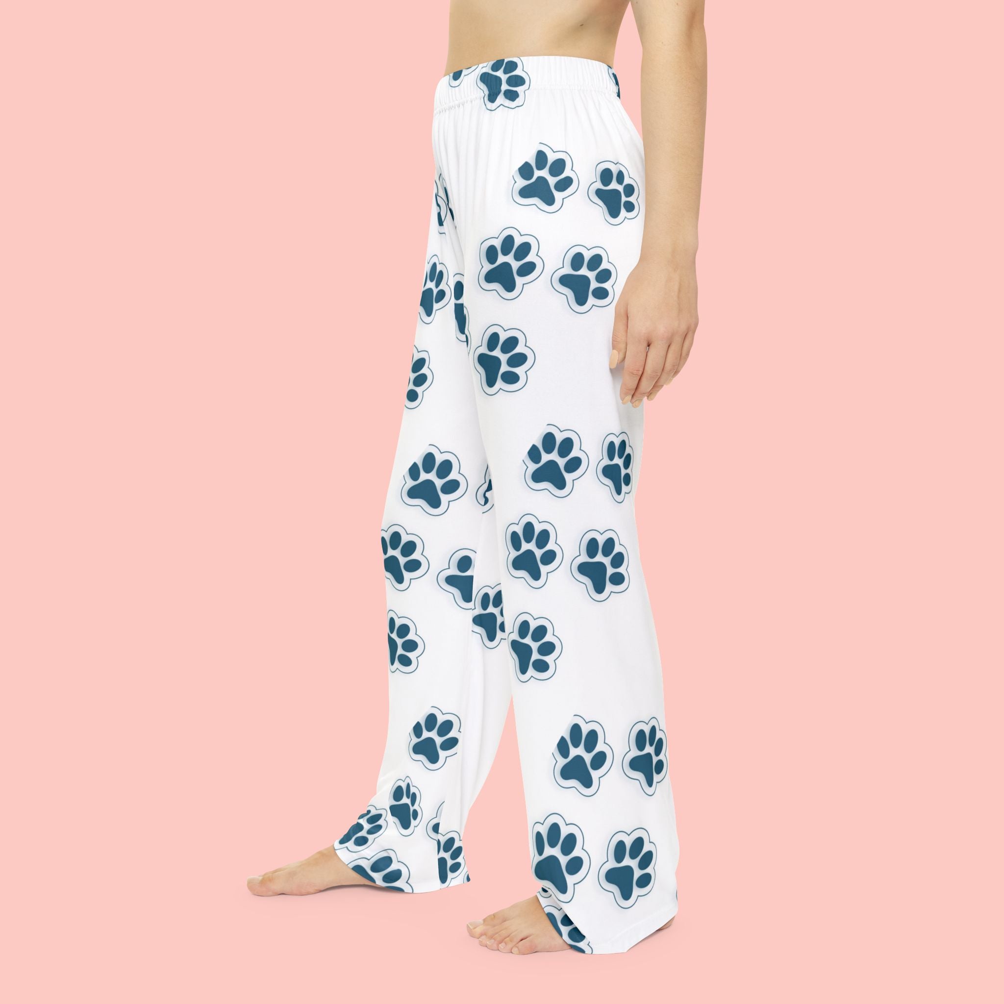 Paw Print Women's Pajama Pants — Cozy White Lounge Pants with Blue Dog/Cat Paw Pattern