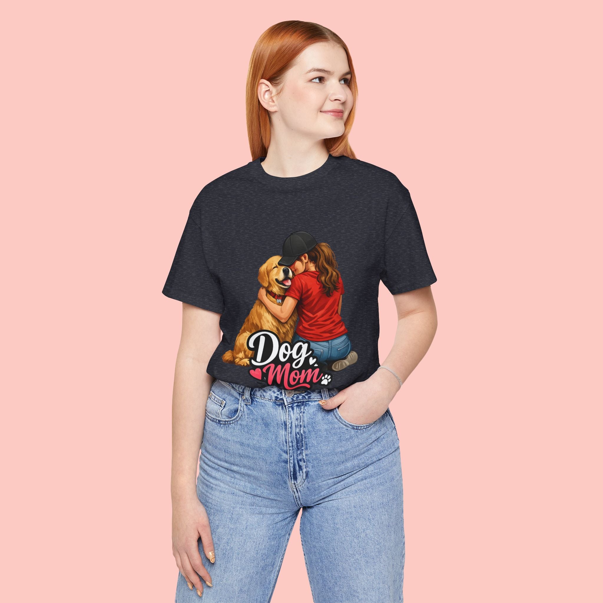 Dog Mom T-Shirt - Cute Woman Hugging Golden Retriever Tee