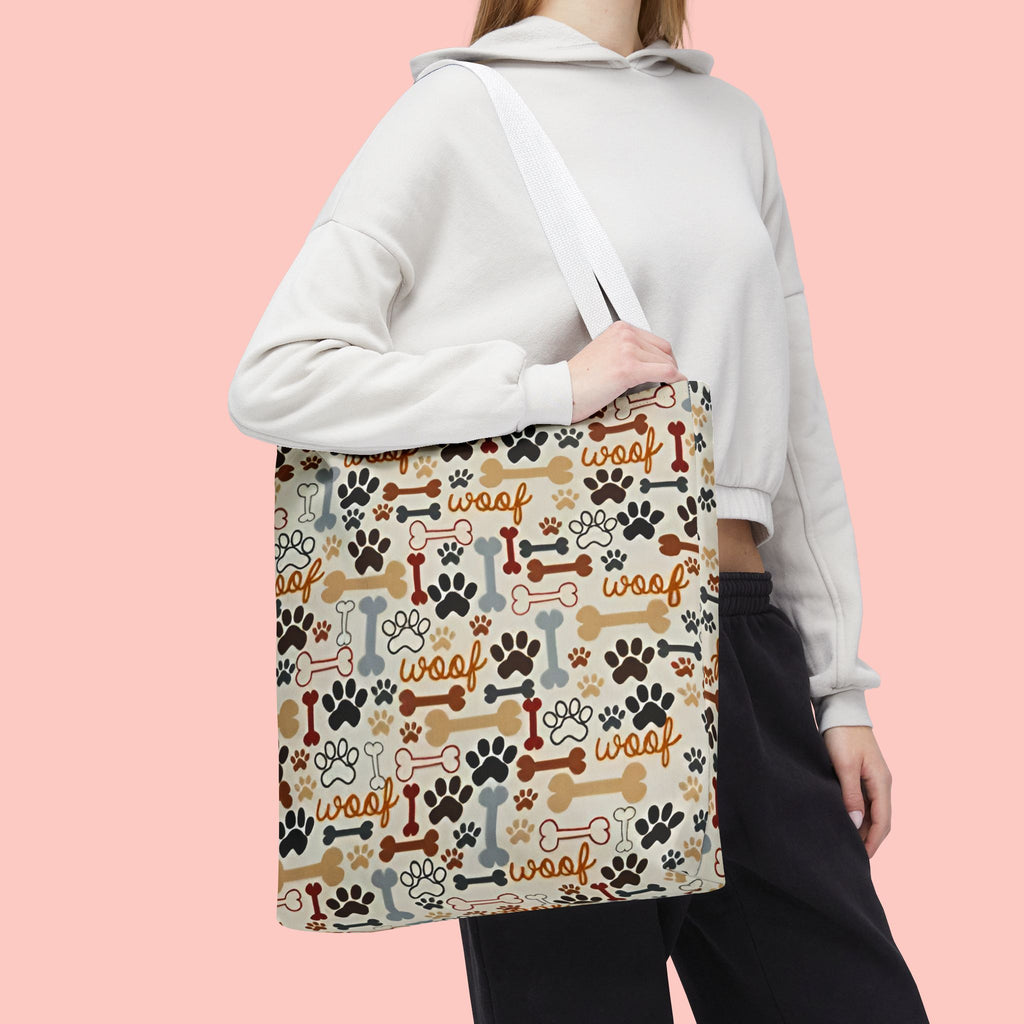 Dog Paw & Bone Pattern Tote Bag — 'Woof' All-Over Print Canvas Tote