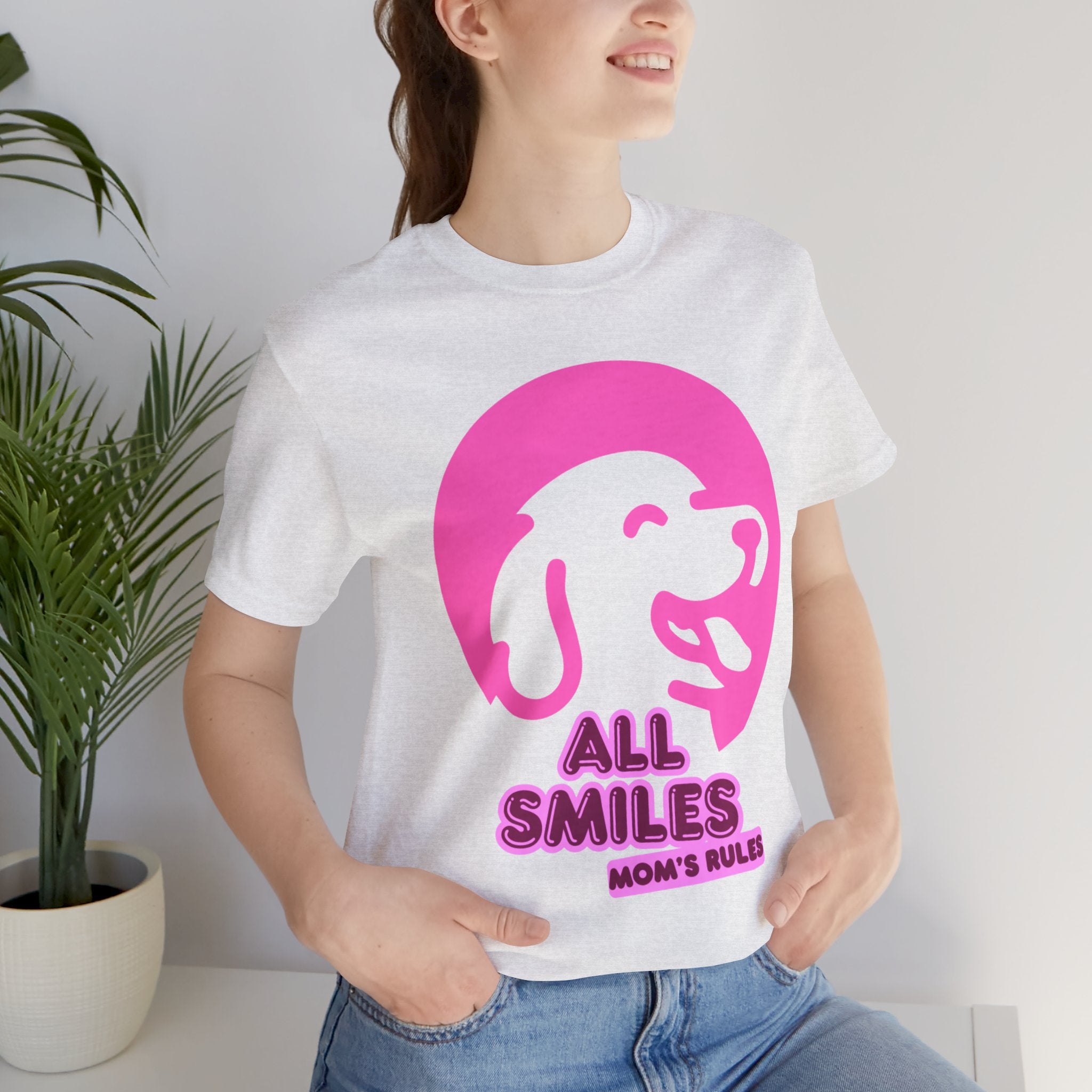 All Smiles Mom's Rules T-Shirt — Cute Pink Dog Graphic Tee for Moms & Pet Lovers