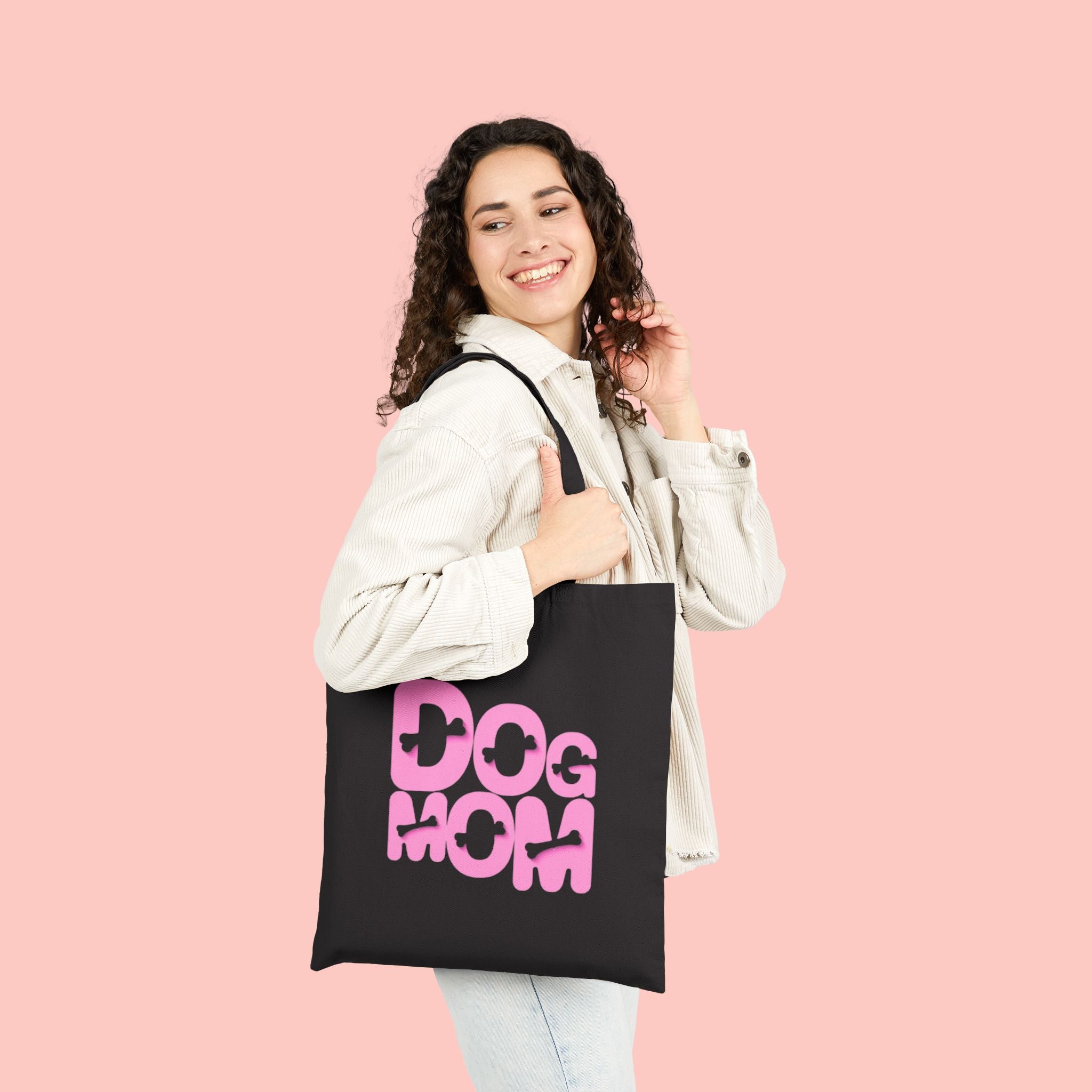 Dog Mom Canvas Tote Bag — Pink Retro Graphic Cotton Shopper for Pet Lovers