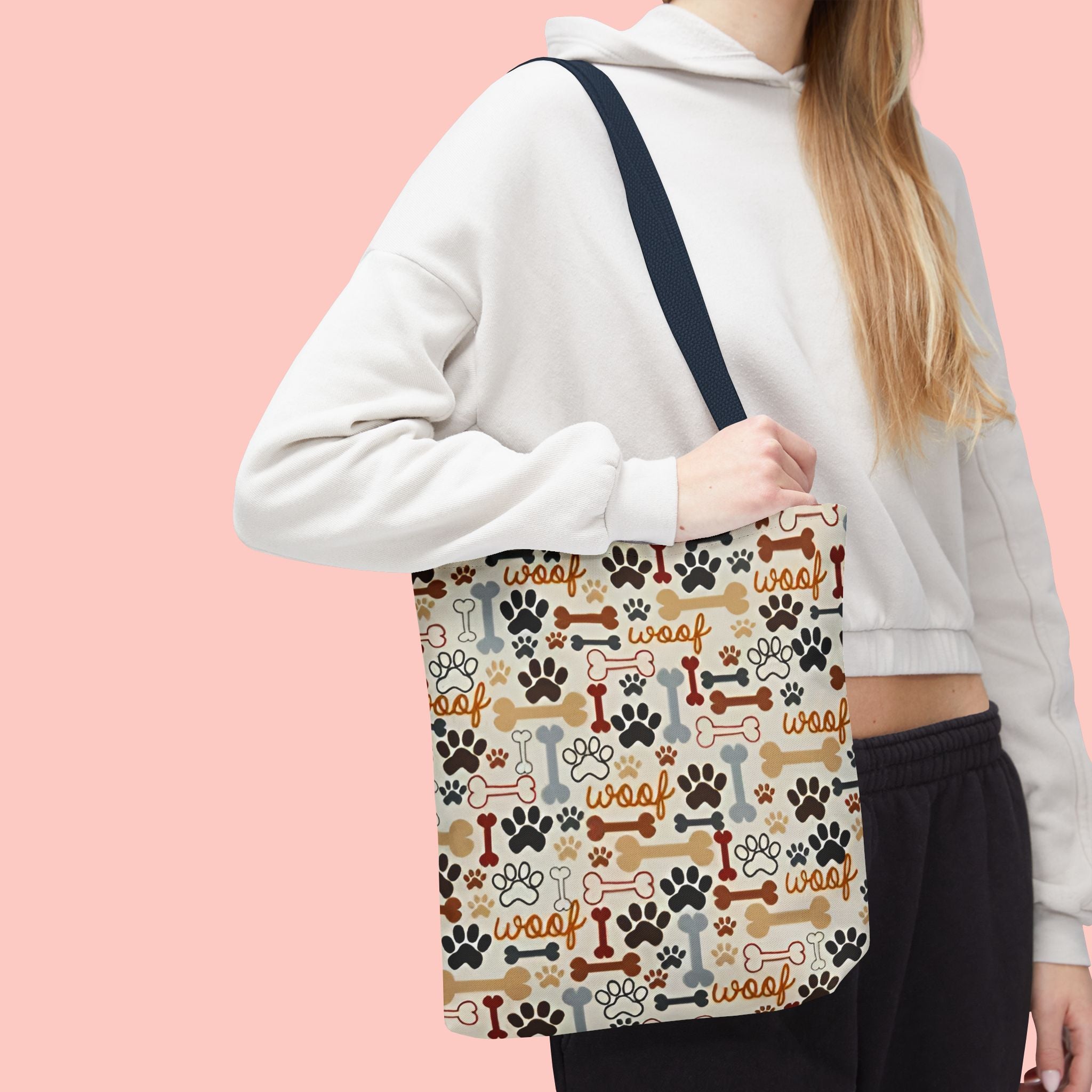 Dog Paw & Bone Pattern Tote Bag — 'Woof' All-Over Print Canvas Tote