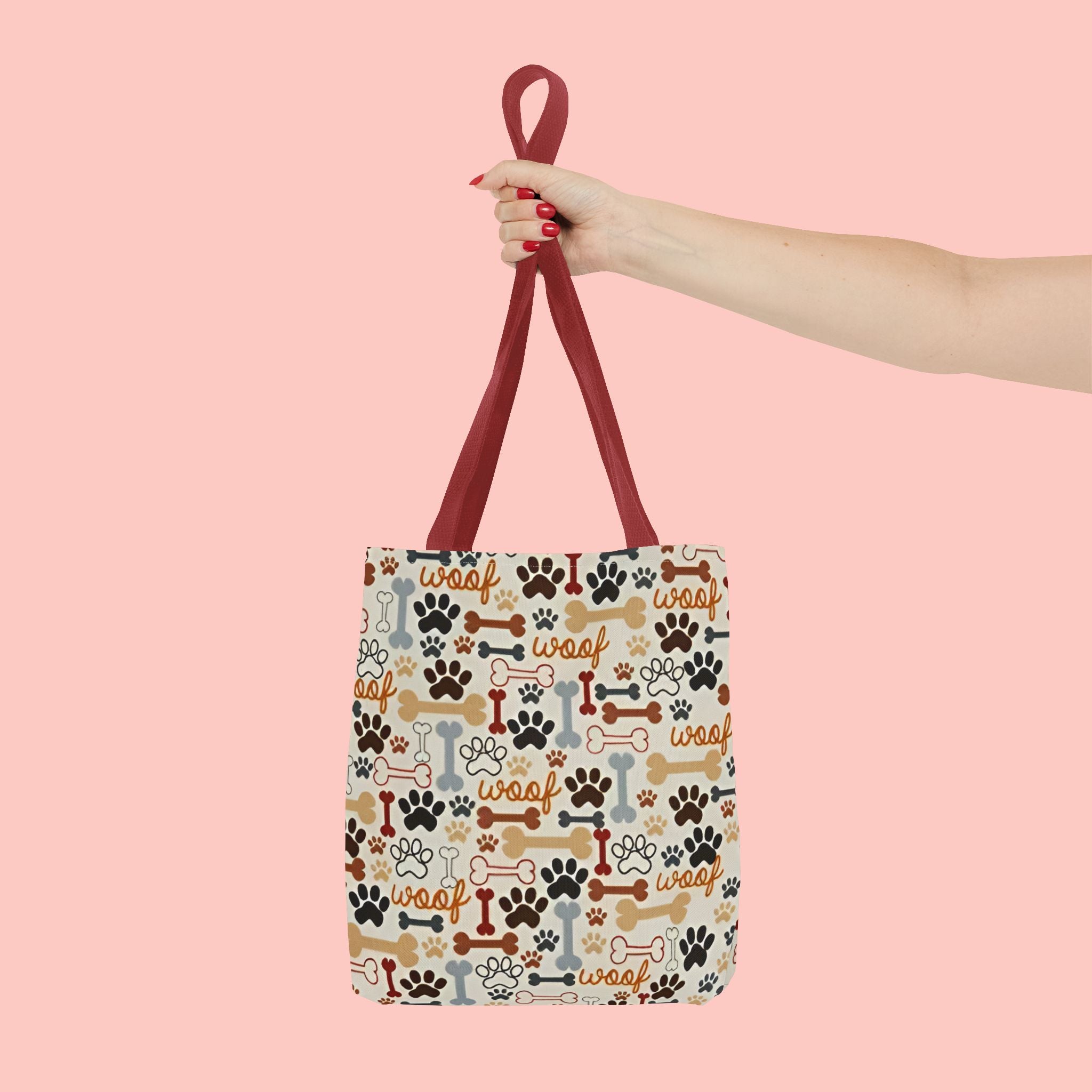Dog Paw & Bone Pattern Tote Bag — 'Woof' All-Over Print Canvas Tote