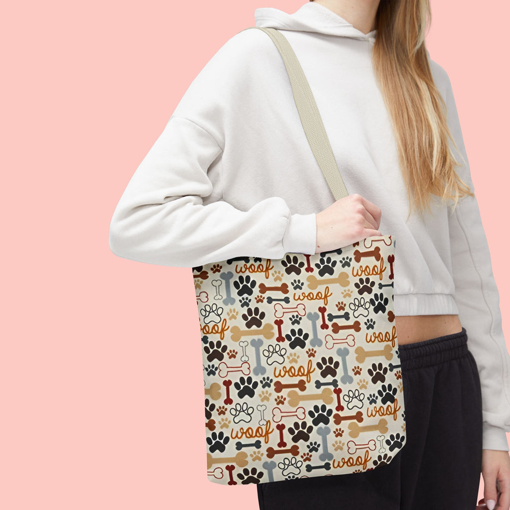 Dog Paw & Bone Pattern Tote Bag — 'Woof' All-Over Print Canvas Tote
