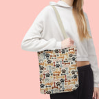 Dog Paw & Bone Pattern Tote Bag — 'Woof' All-Over Print Canvas Tote