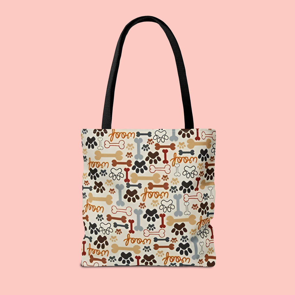 Dog Paw & Bone Pattern Tote Bag — 'Woof' All-Over Print Canvas Tote