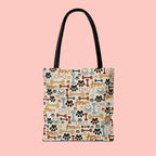 Dog Paw & Bone Pattern Tote Bag — 'Woof' All-Over Print Canvas Tote