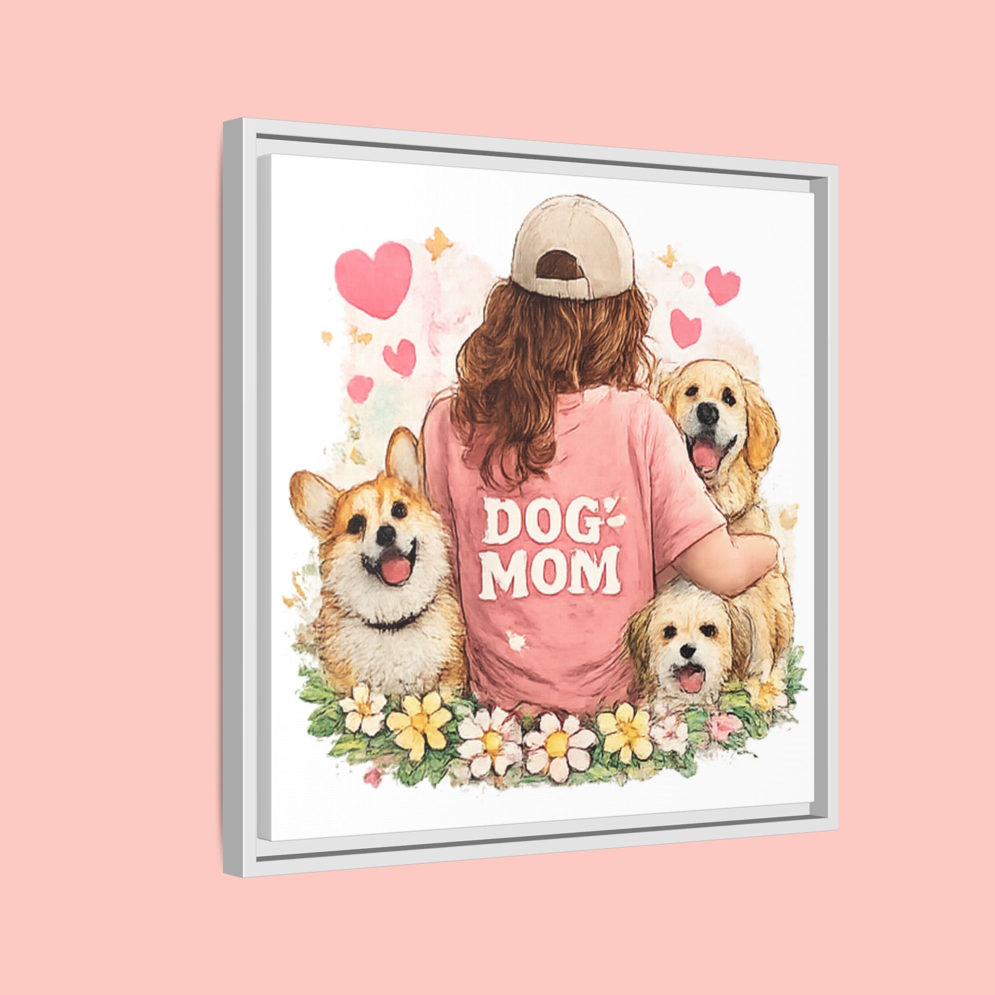 Dog Mom Canvas Print — Framed Matte Wall Art with Cute Dogs & Hearts