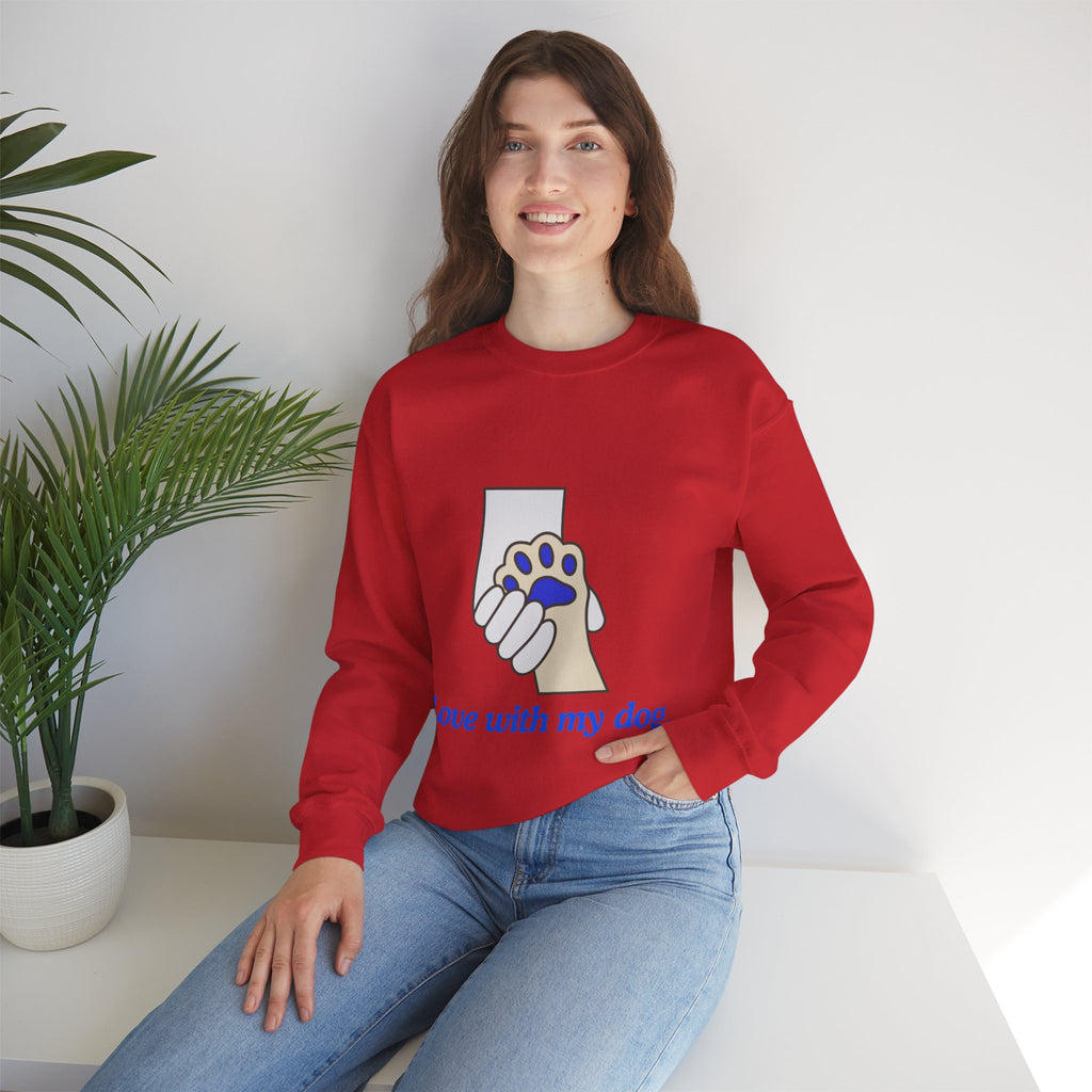 Dog Lover Crewneck Sweatshirt — "Love with my dog." Paw & Hold Graphic