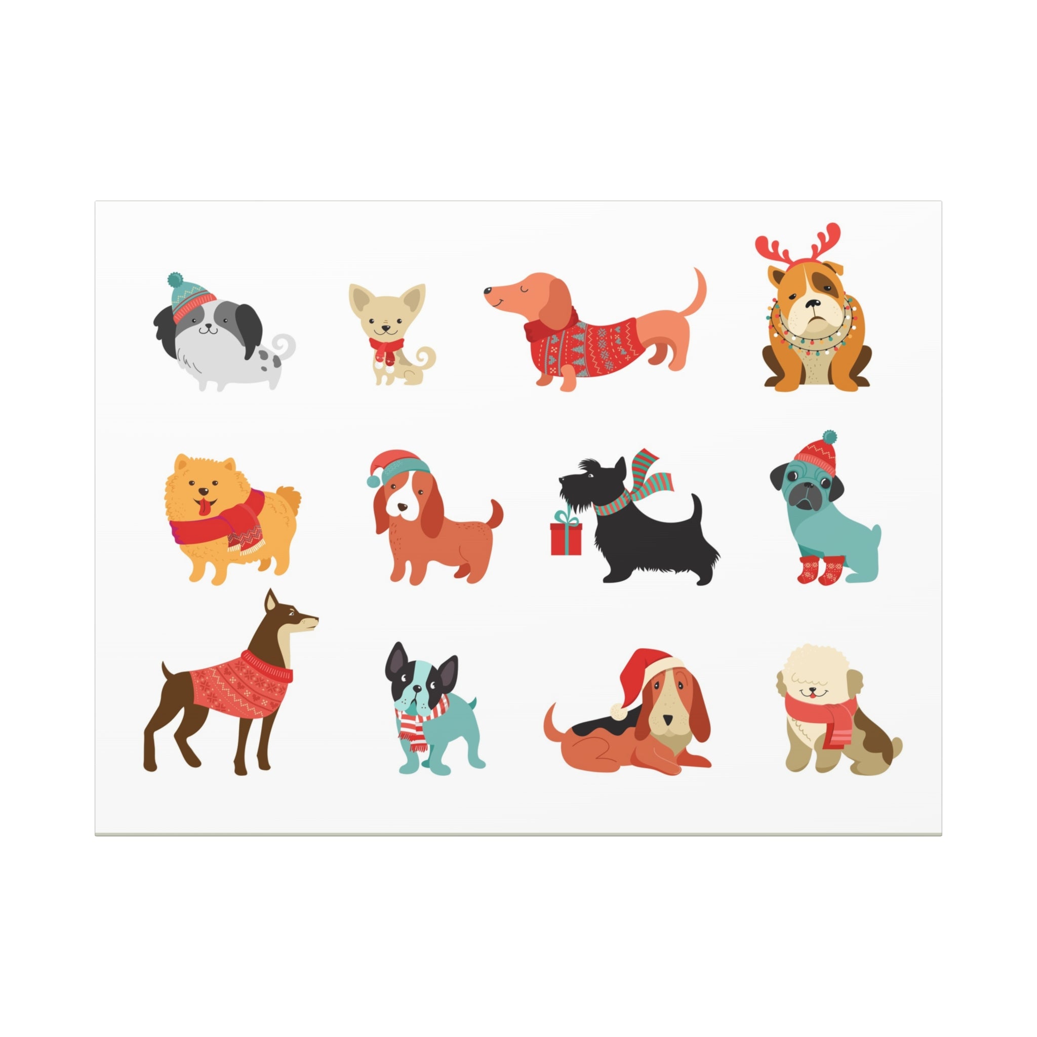 Holiday Dogs Canvas Wall Art — Cute Dachshund, Pug & Mixed Breeds in Winter Sweaters