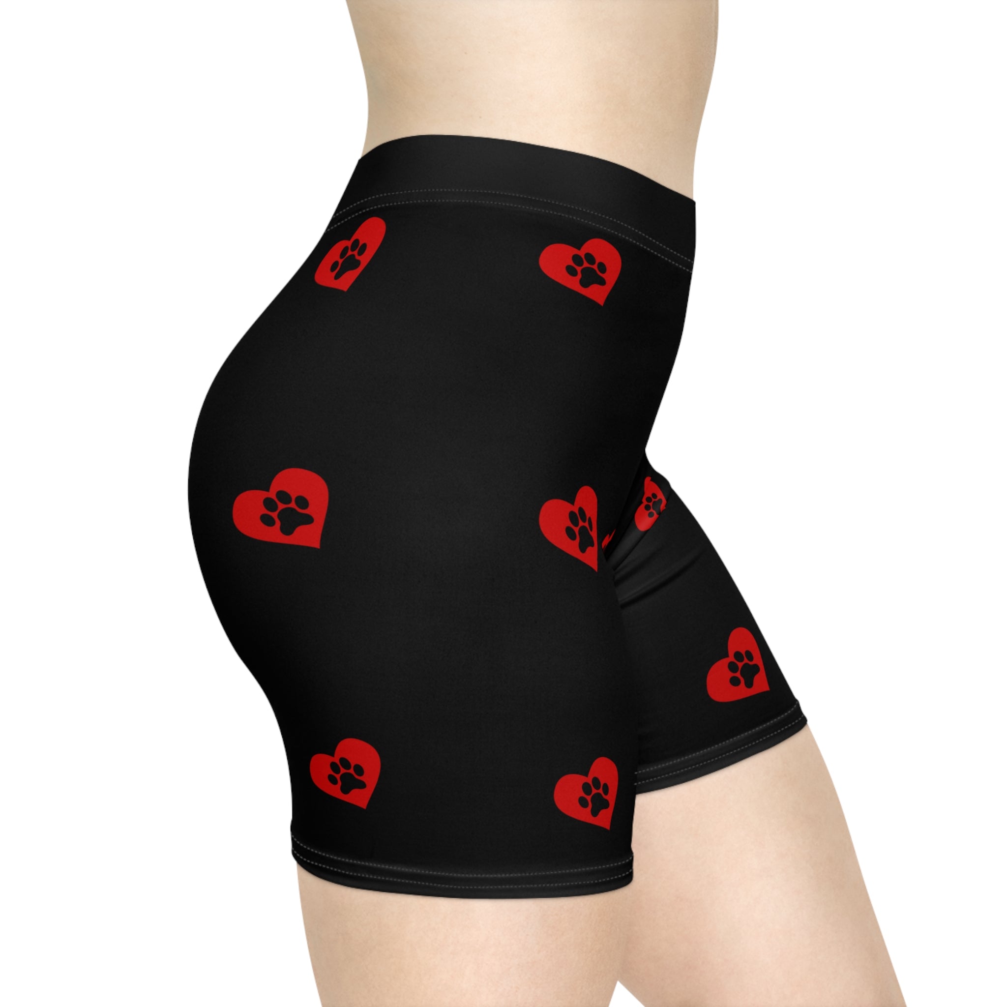 Biker Shorts — Black Red Paw-Print Heart Pattern