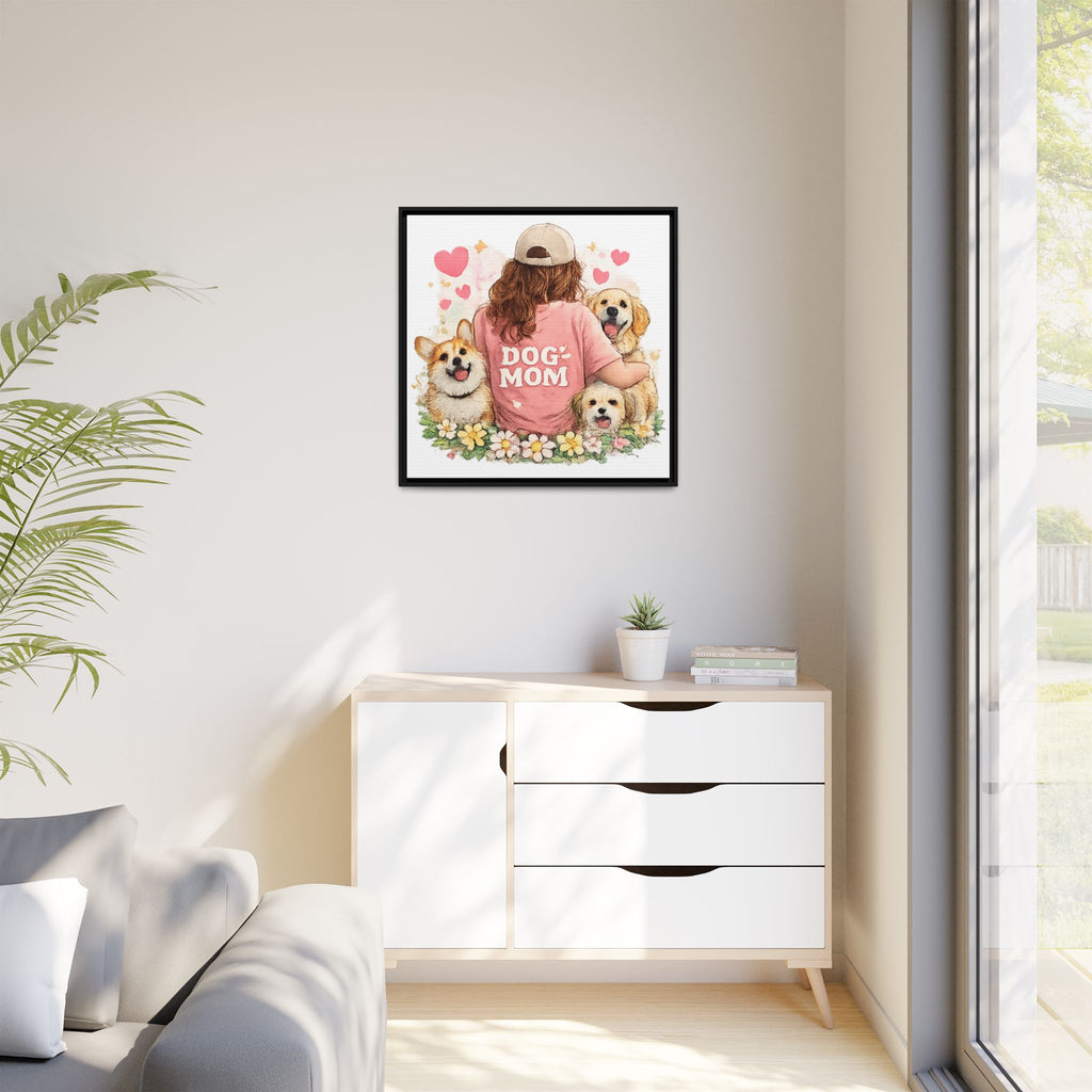 Dog Mom Canvas Print — Framed Matte Wall Art with Cute Dogs & Hearts